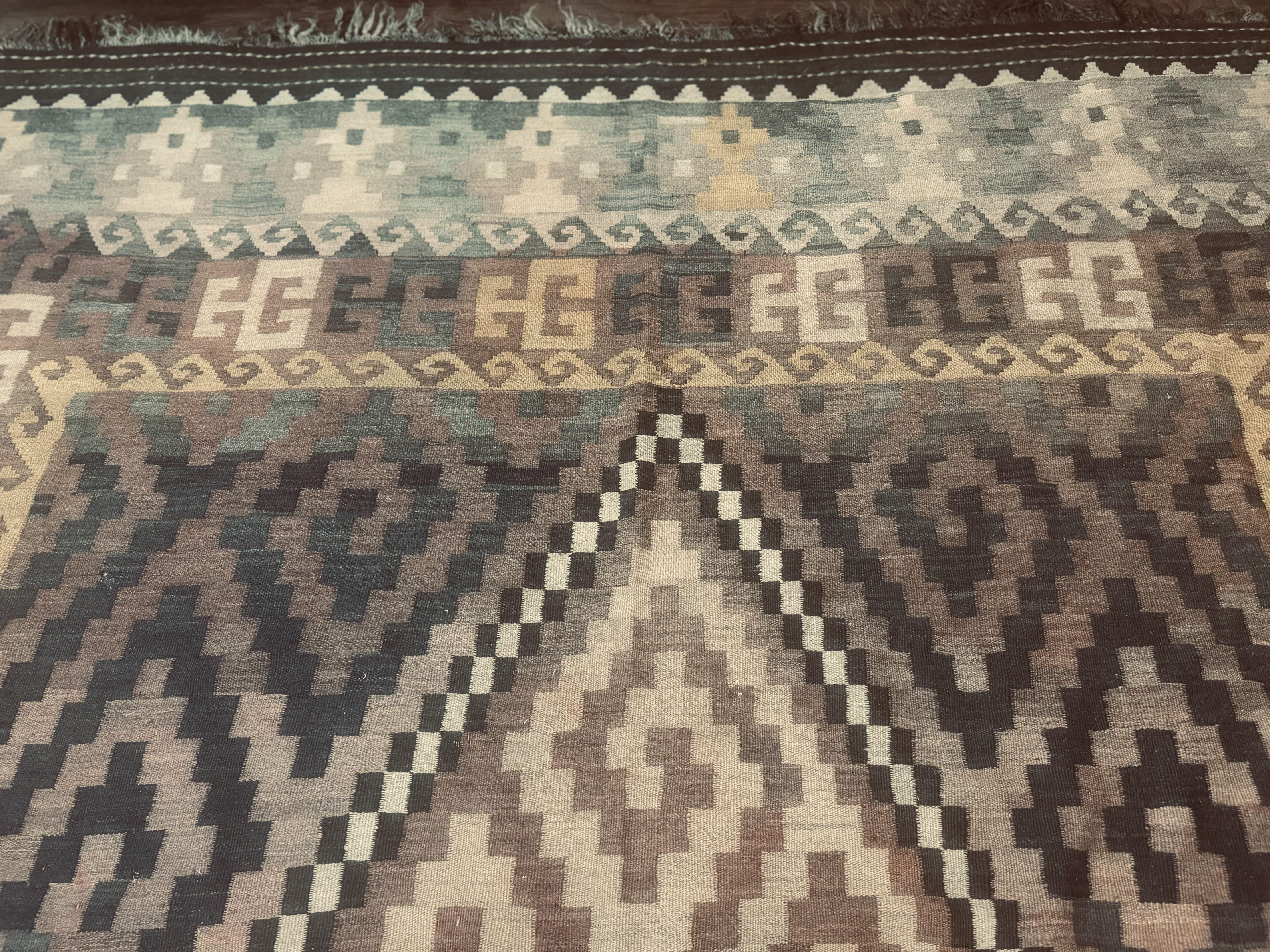 Antique Persian Tribal Kilim Rug 9x12, Zig Zag Pattern Kilim, Zarand Rug, Wool, Earth Tone Colors - Image 3