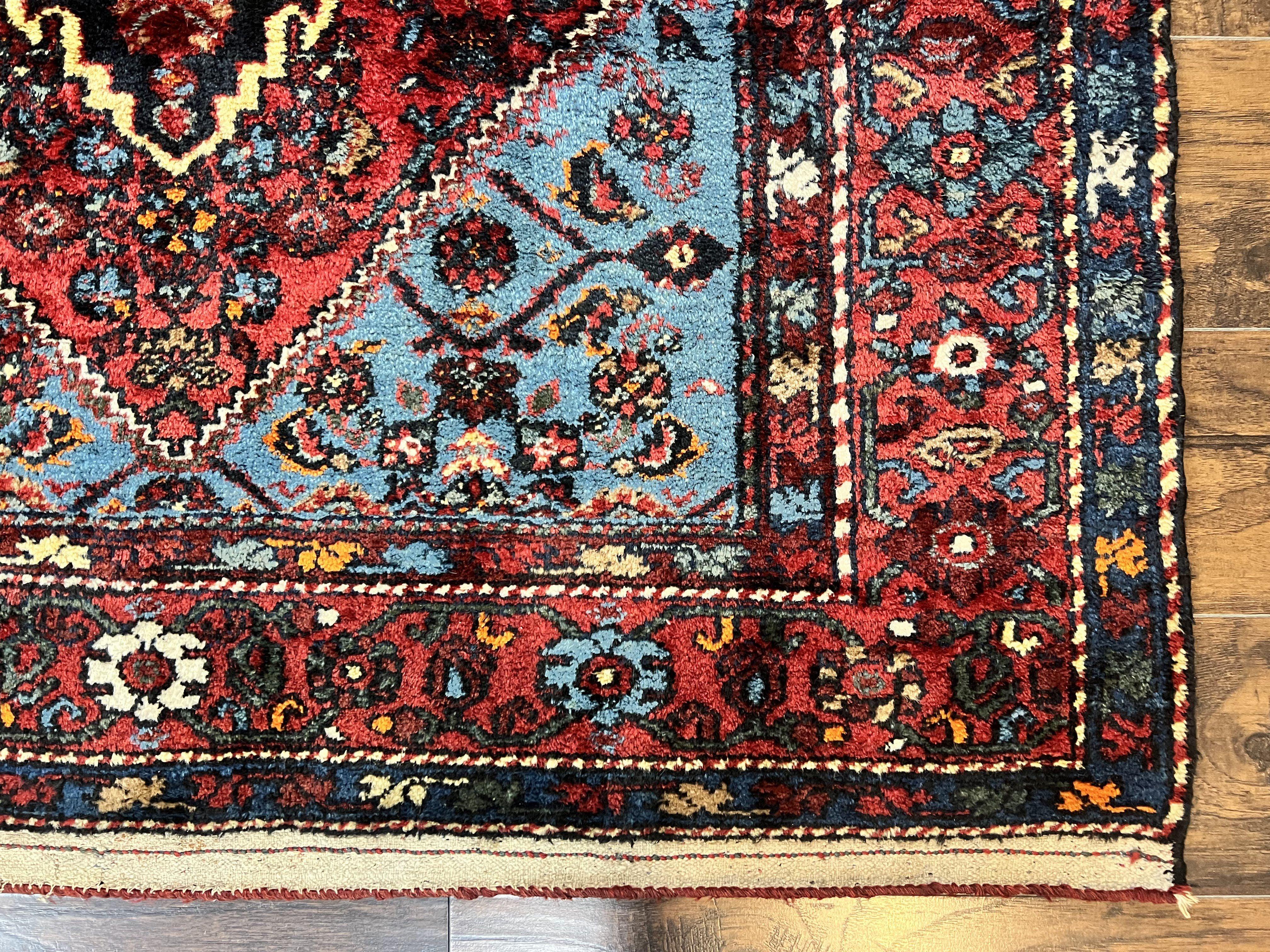 Antique Persian Tribal Rug 4x7, Wool Handmade 1920s Carpet, Red Blue, Persian Hamadan Rug - Image 9