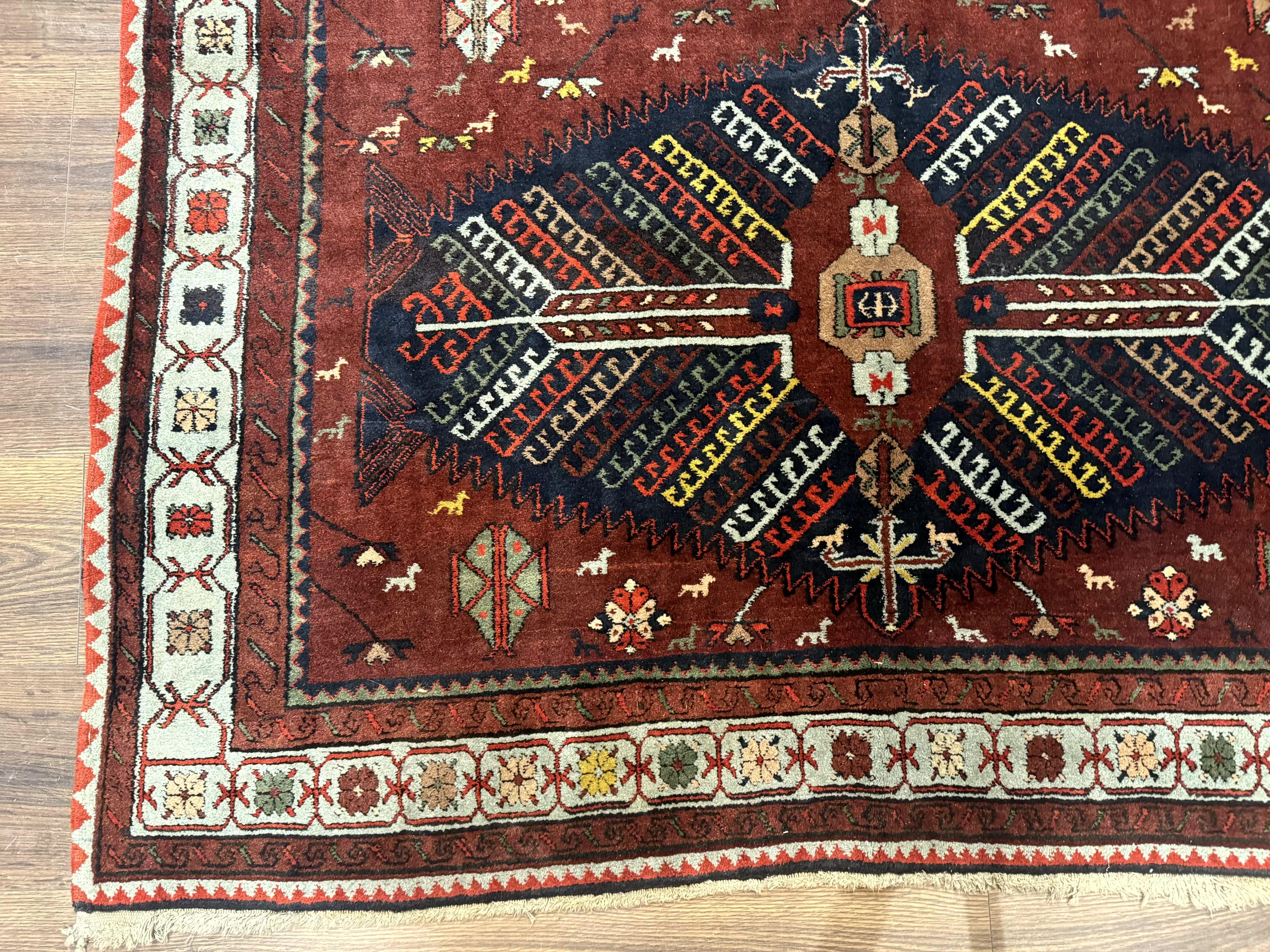 Antique Persian Tribal Rug 5 x 7.8, Triple Medallions, Red, Persian Afshar Rug - Image 8