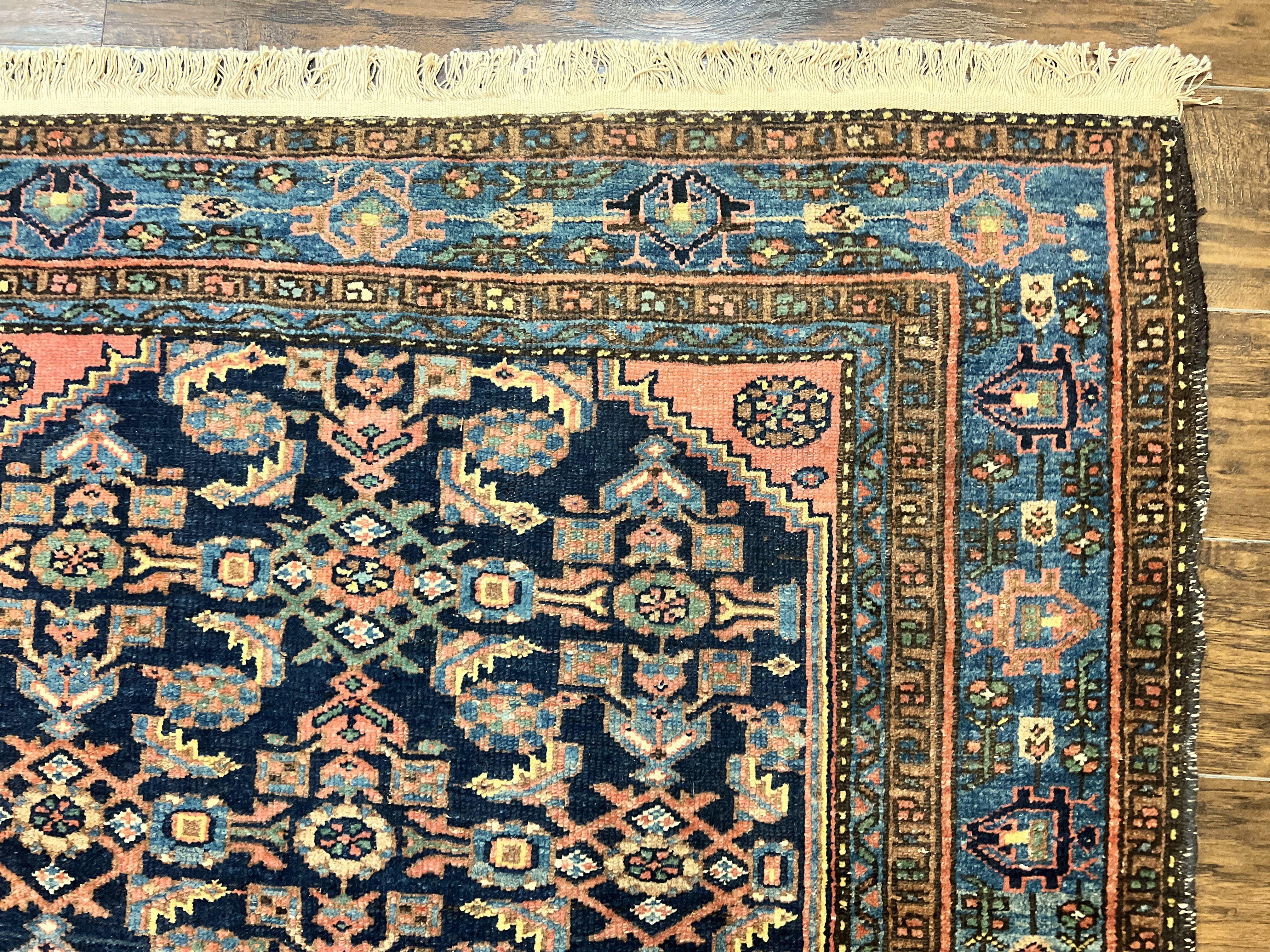Antique Persian Tribal Rug 5x7, Navy Blue & Pink, Hand Knotted Handmade 1920s Wool Rug, Allover Pattern, Persian Hamadan Rug - Image 7