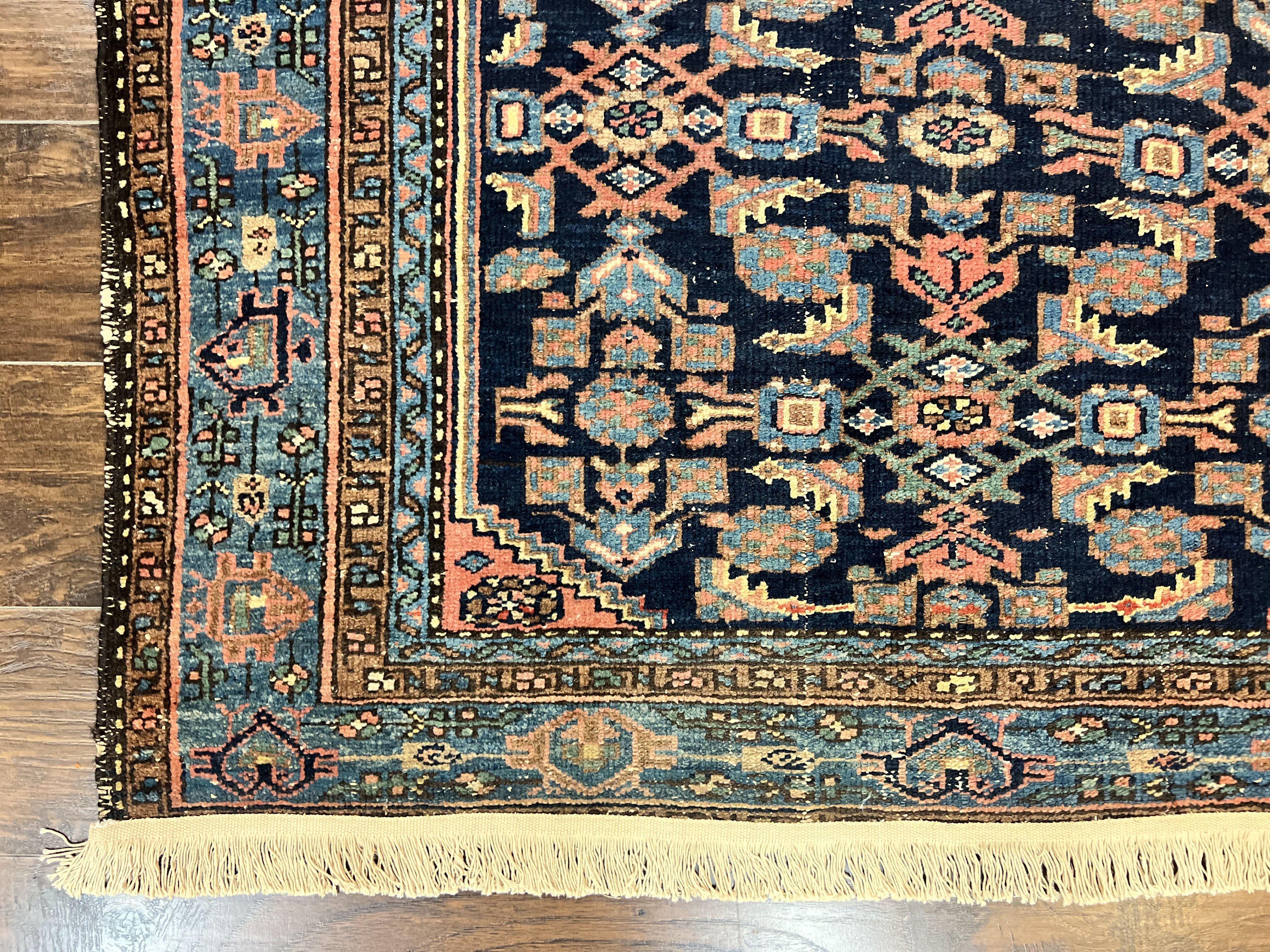 Antique Persian Tribal Rug 5x7, Navy Blue & Pink, Hand Knotted Handmade 1920s Wool Rug, Allover Pattern, Persian Hamadan Rug - Image 8