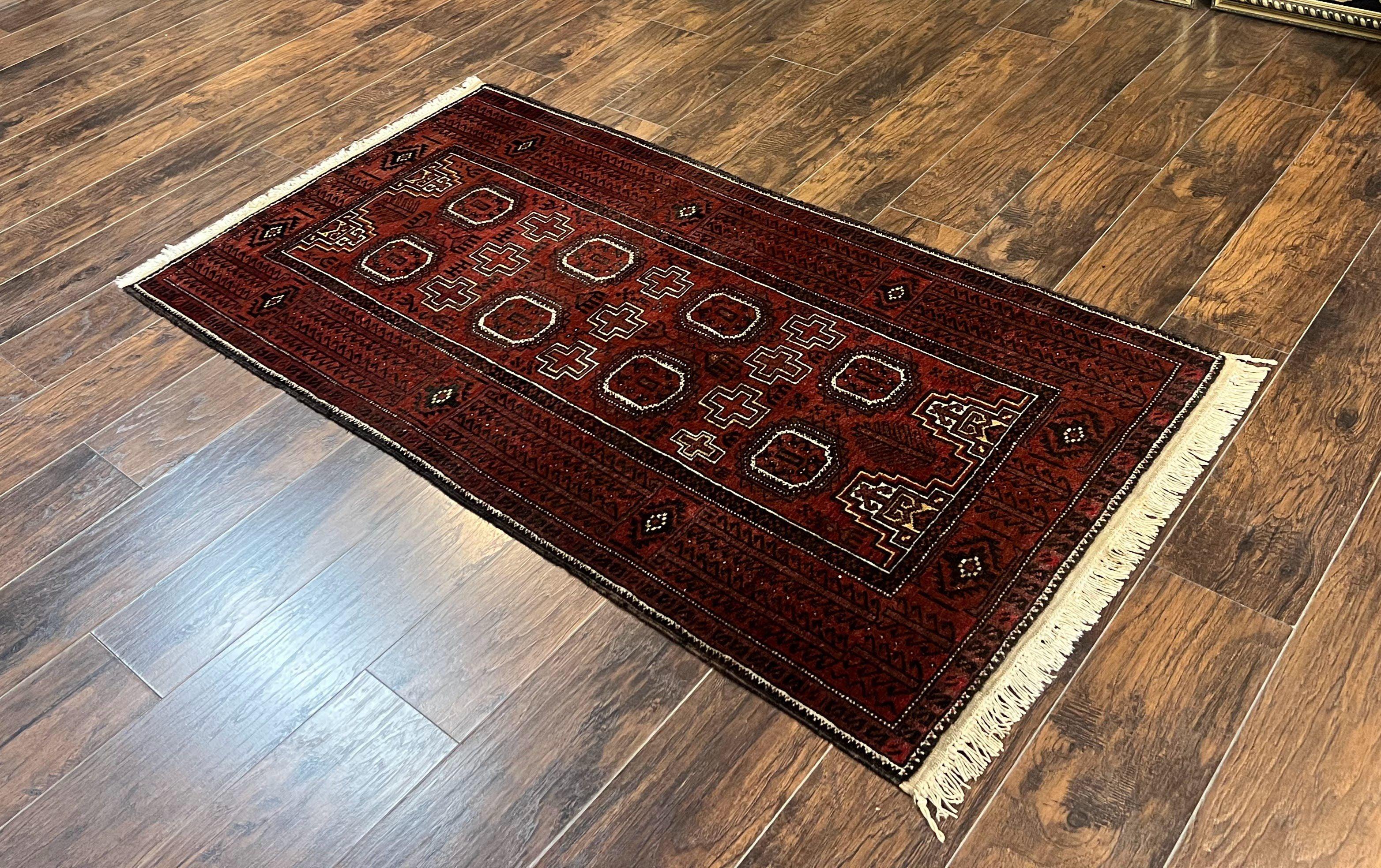 Antique Persian Turkoman Rug 3x6, Wool Tribal Handmade Carpet, Red and Black - Image 2