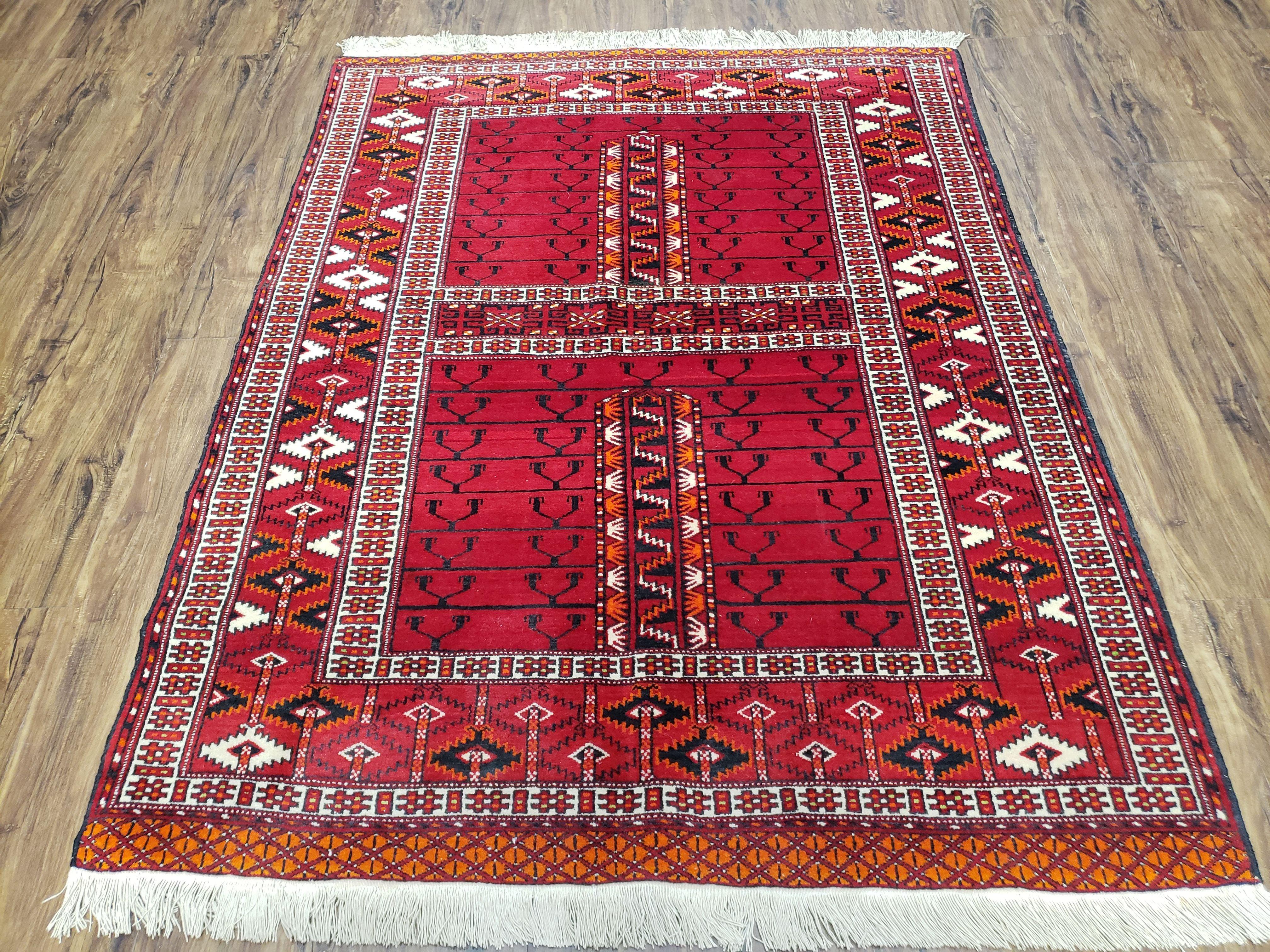 Antique Persian Turkoman Rug 4x5, Hatchli Tekkeh Ersari Red Tribal Rug, Handmade Wool Oriental Carpet, Four Seasons Rug - Image 11