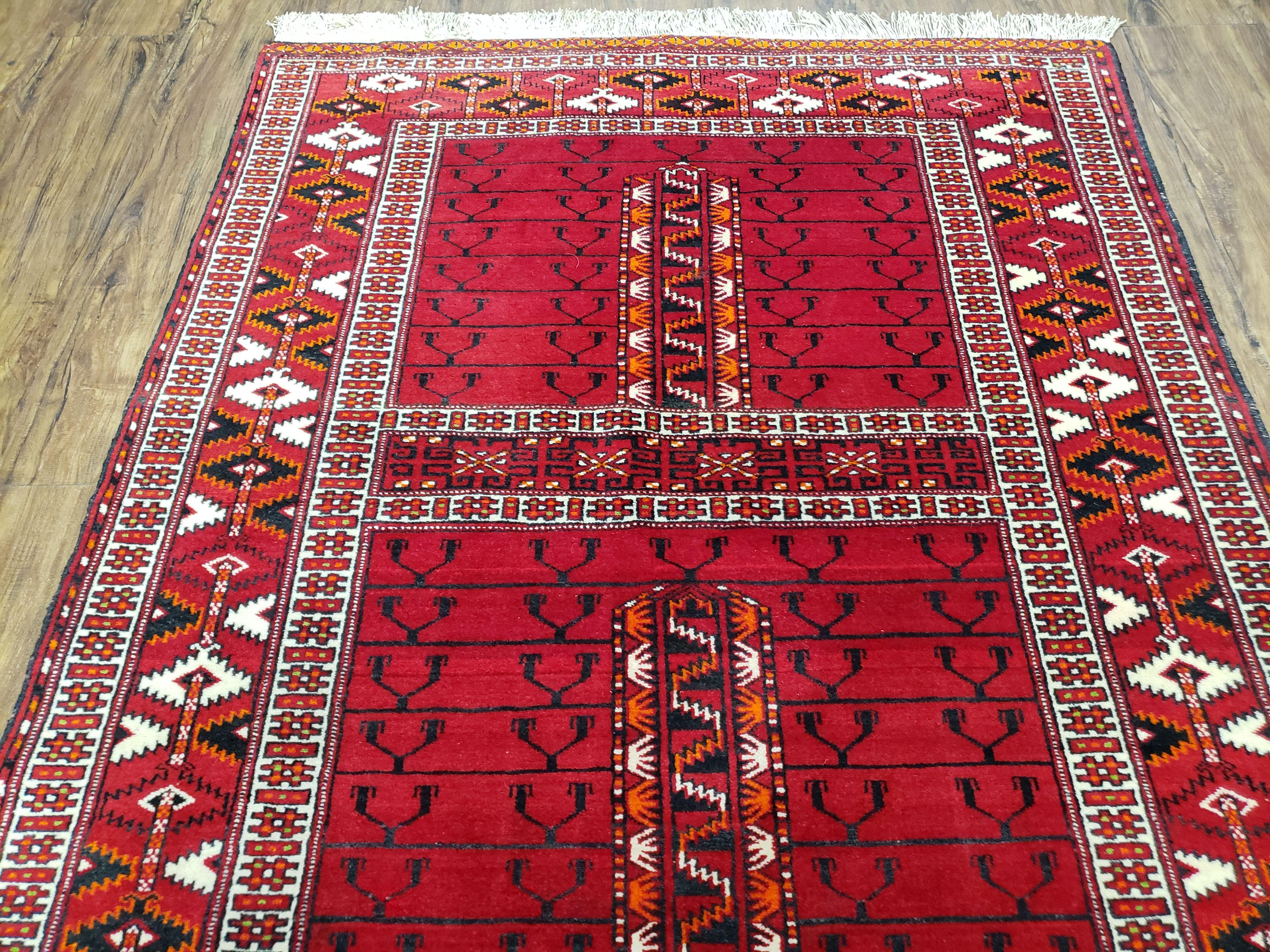 Antique Persian Turkoman Rug 4x5, Hatchli Tekkeh Ersari Red Tribal Rug, Handmade Wool Oriental Carpet, Four Seasons Rug - Image 4