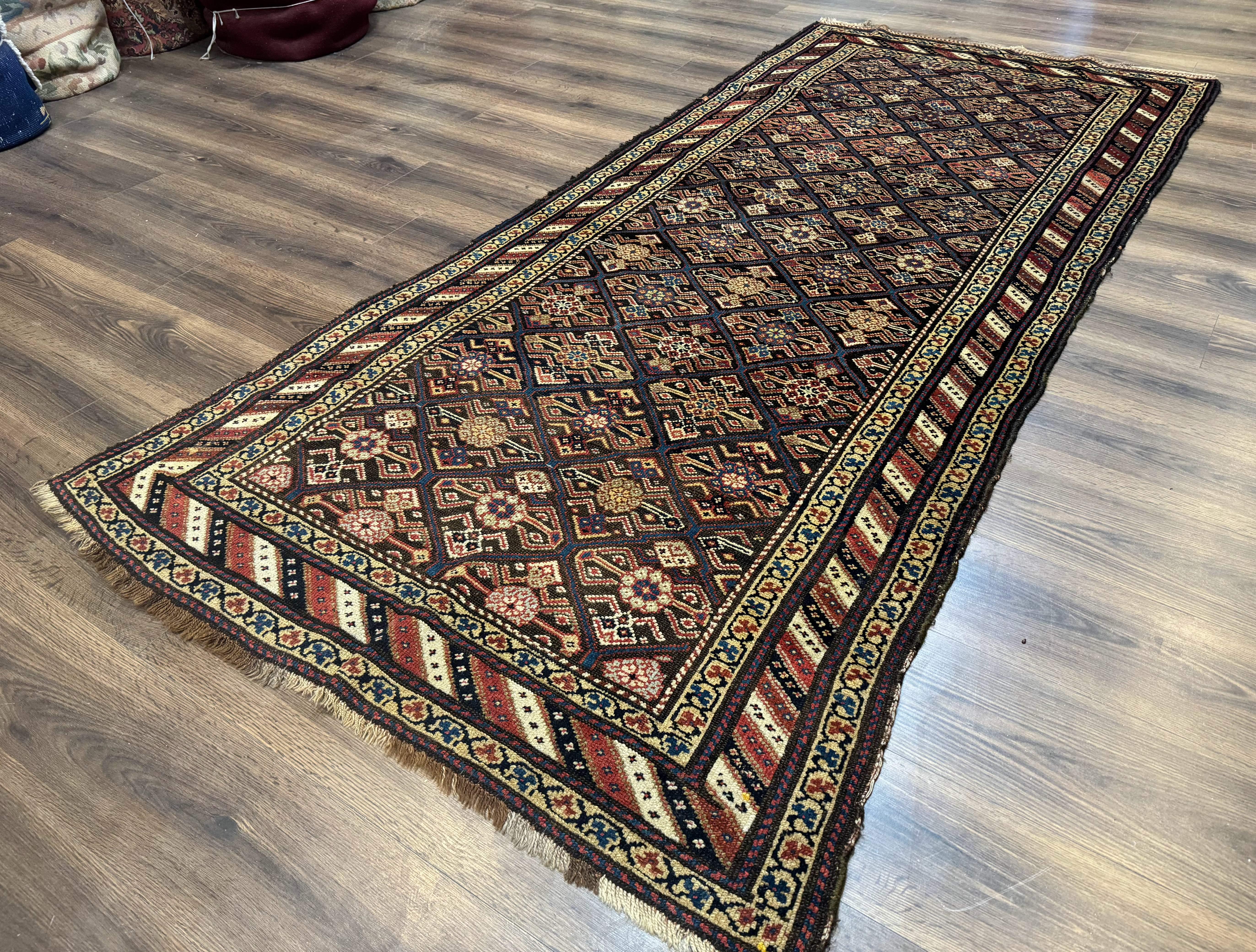 Antique Persian Wide Runner Rug 4x9, Kurdish Rug, Panel Design, Rainbow Border, Rare Tribal Rug - Image 2