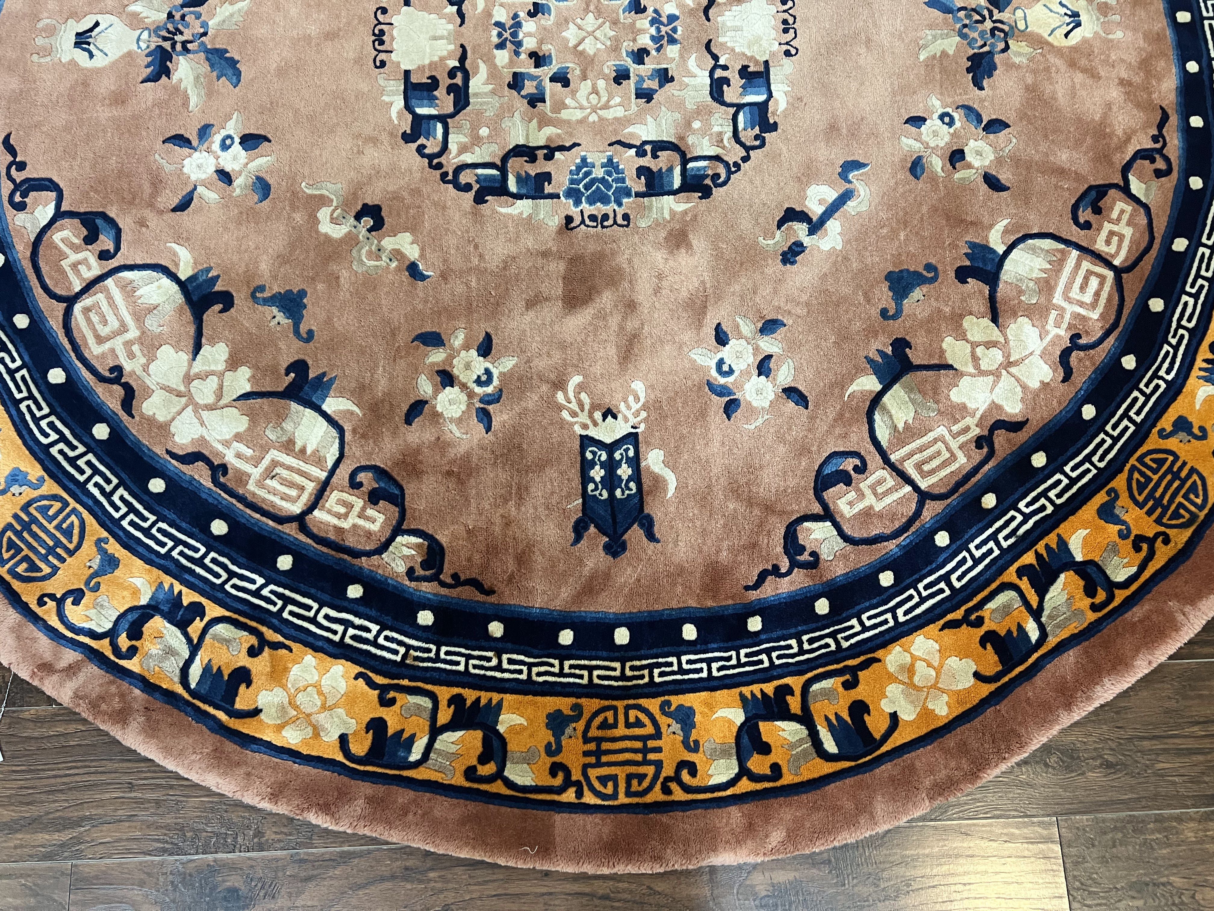 Antique Round Chinese Wool Rug 8x8, Chinese Peking Carpet, Asian Oriental Carpet 8 x 8 ft, Chinese Art Deco Rug, Nichols Rug - Image 5