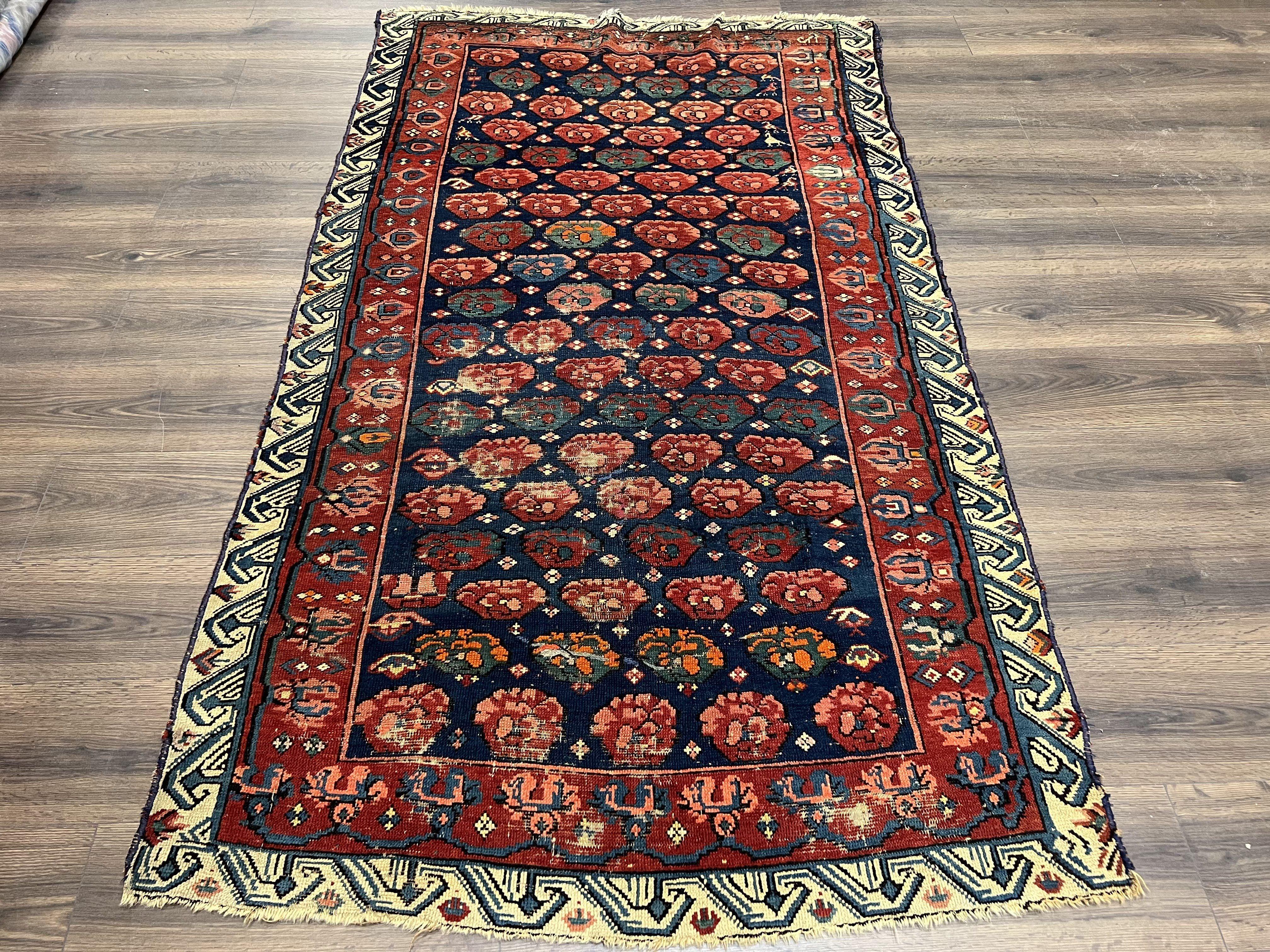 Antique Seychour Rug 4x7, Collectible Kuba Caucasian Carpet, Wool Handmade, Red Navy Blue Cream, Repeated Allover Motif, Early 20th Century