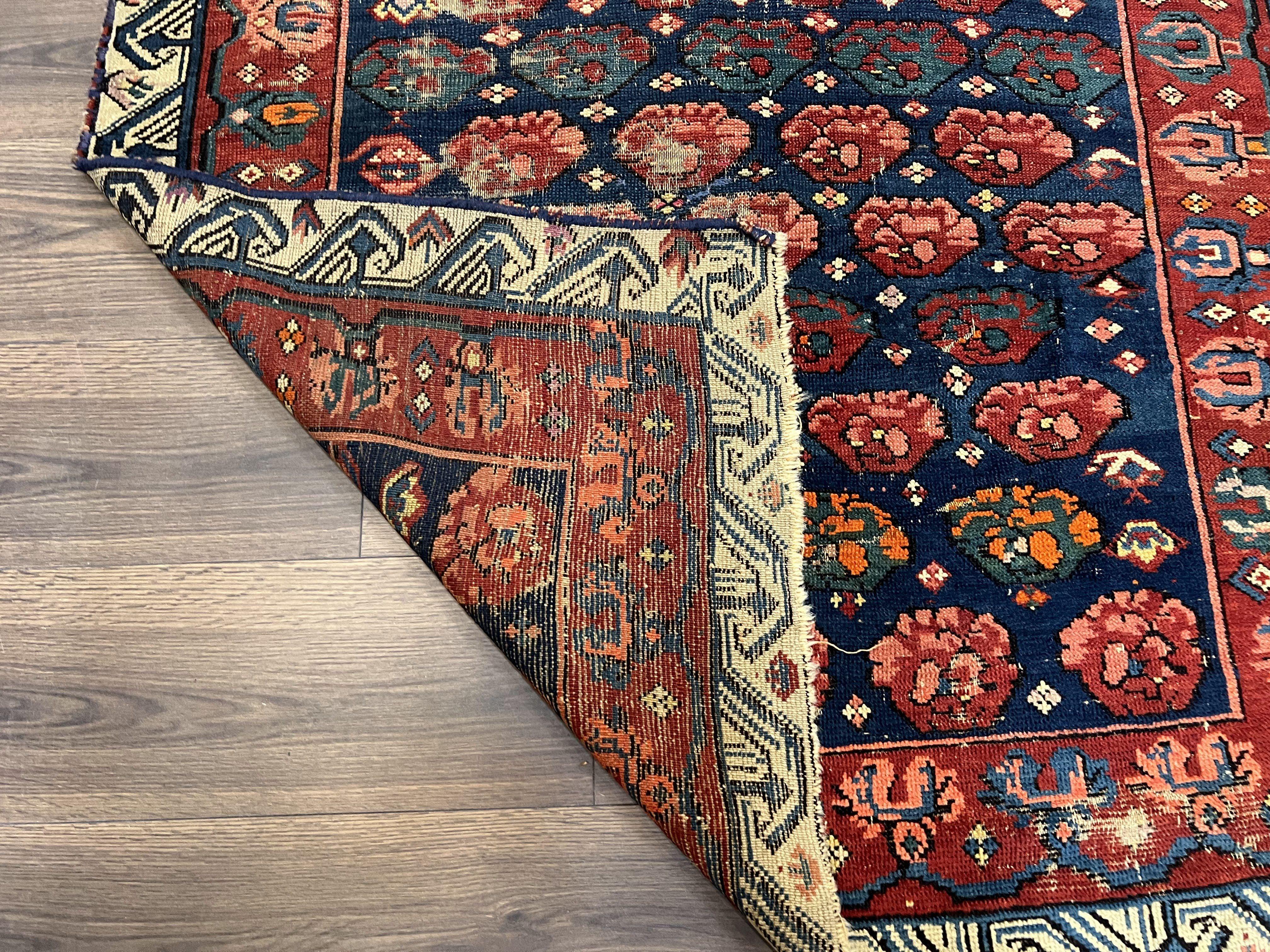 Antique Seychour Rug 4x7, Collectible Kuba Caucasian Carpet, Wool Handmade, Red Navy Blue Cream, Repeated Allover Motif, Early 20th Century - Image 6