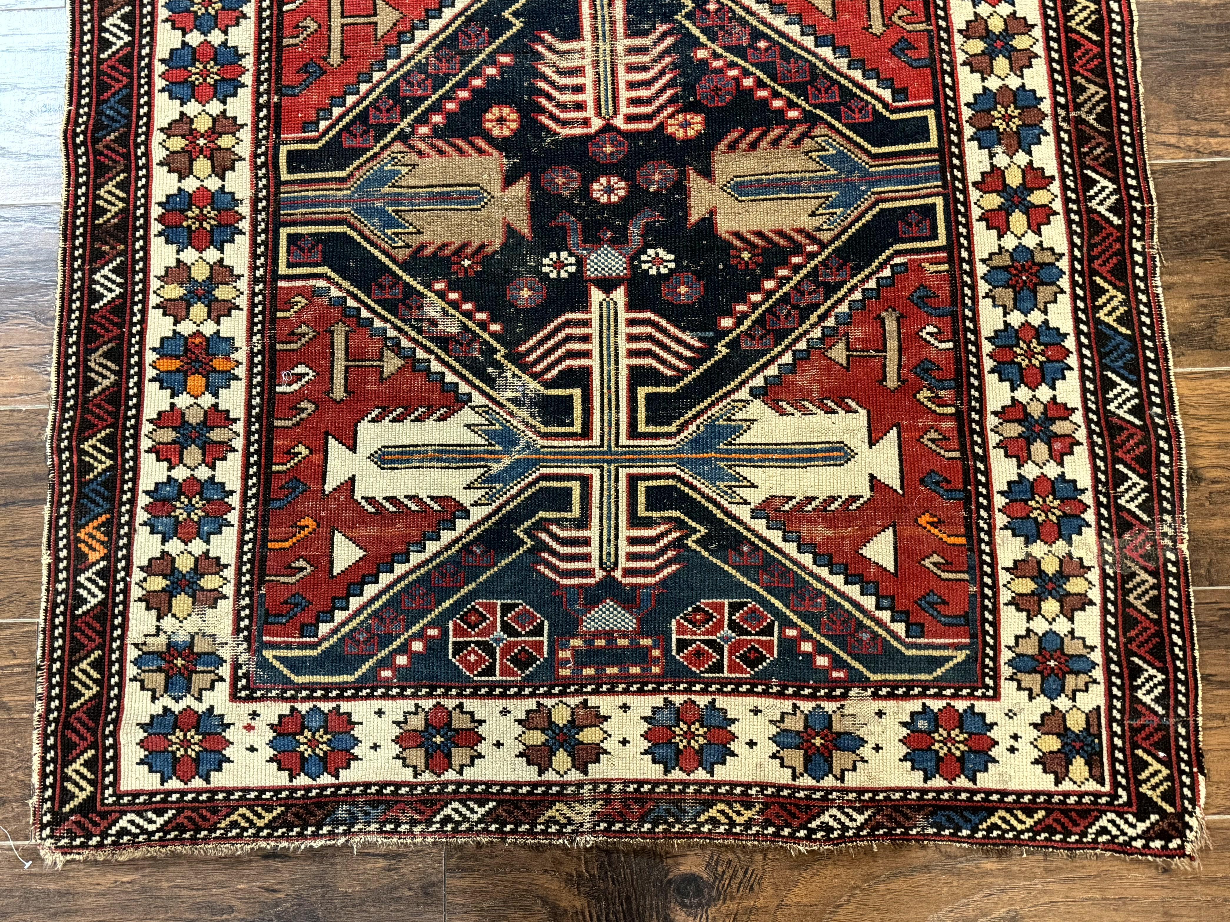 Antique Shirvan Caucasian Rug 3x5, Geometric Pattern, Red Navy Blue Beige - Image 5