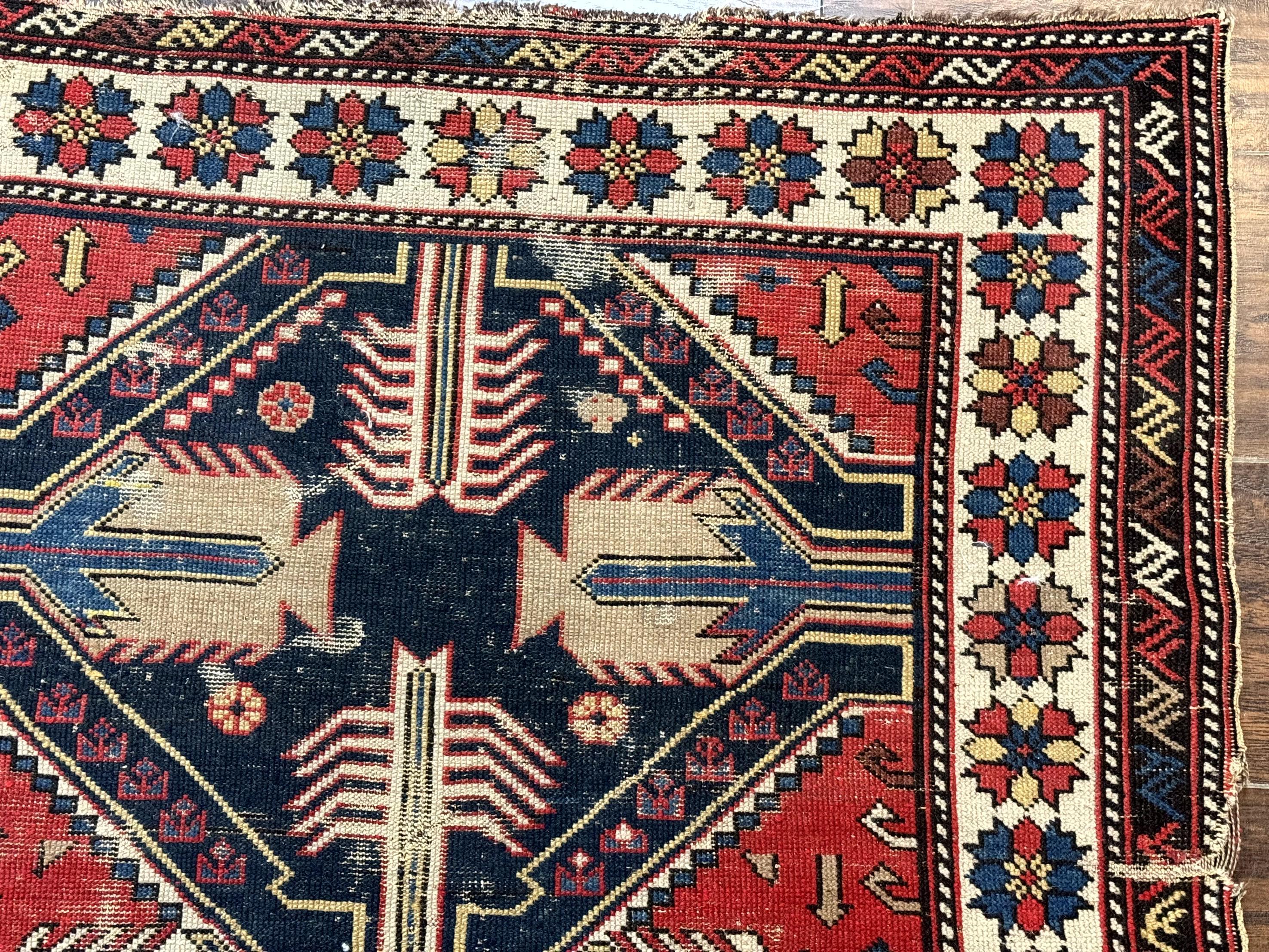 Antique Shirvan Caucasian Rug 3x5, Geometric Pattern, Red Navy Blue Beige - Image 7