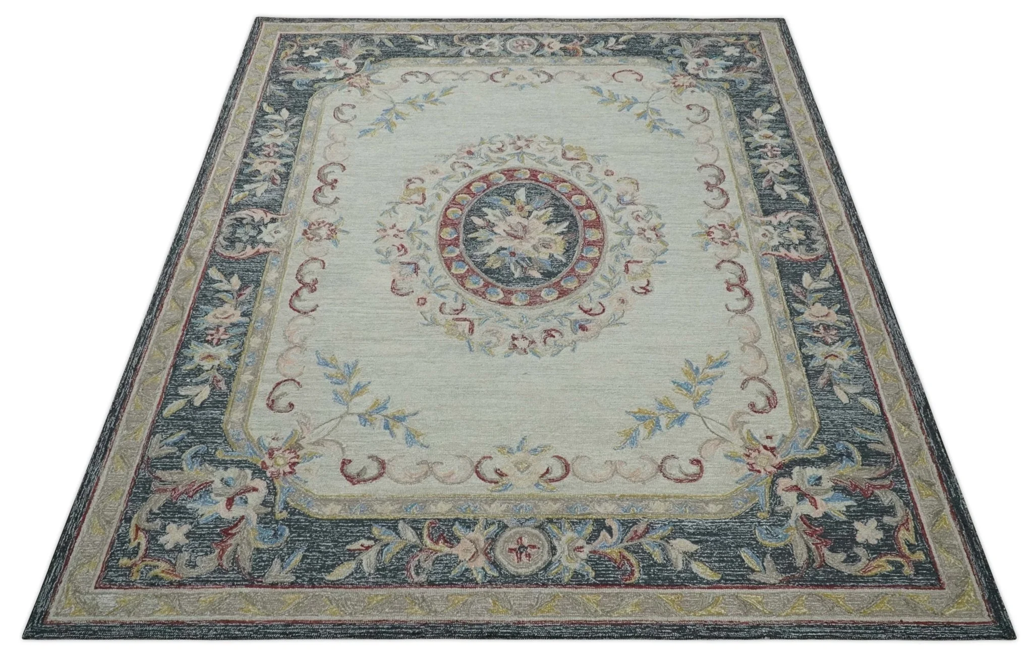 Antique Style Beige and Charcoal Aubusson design Hand Tufted 8x10 wool Area Rug - Image 10