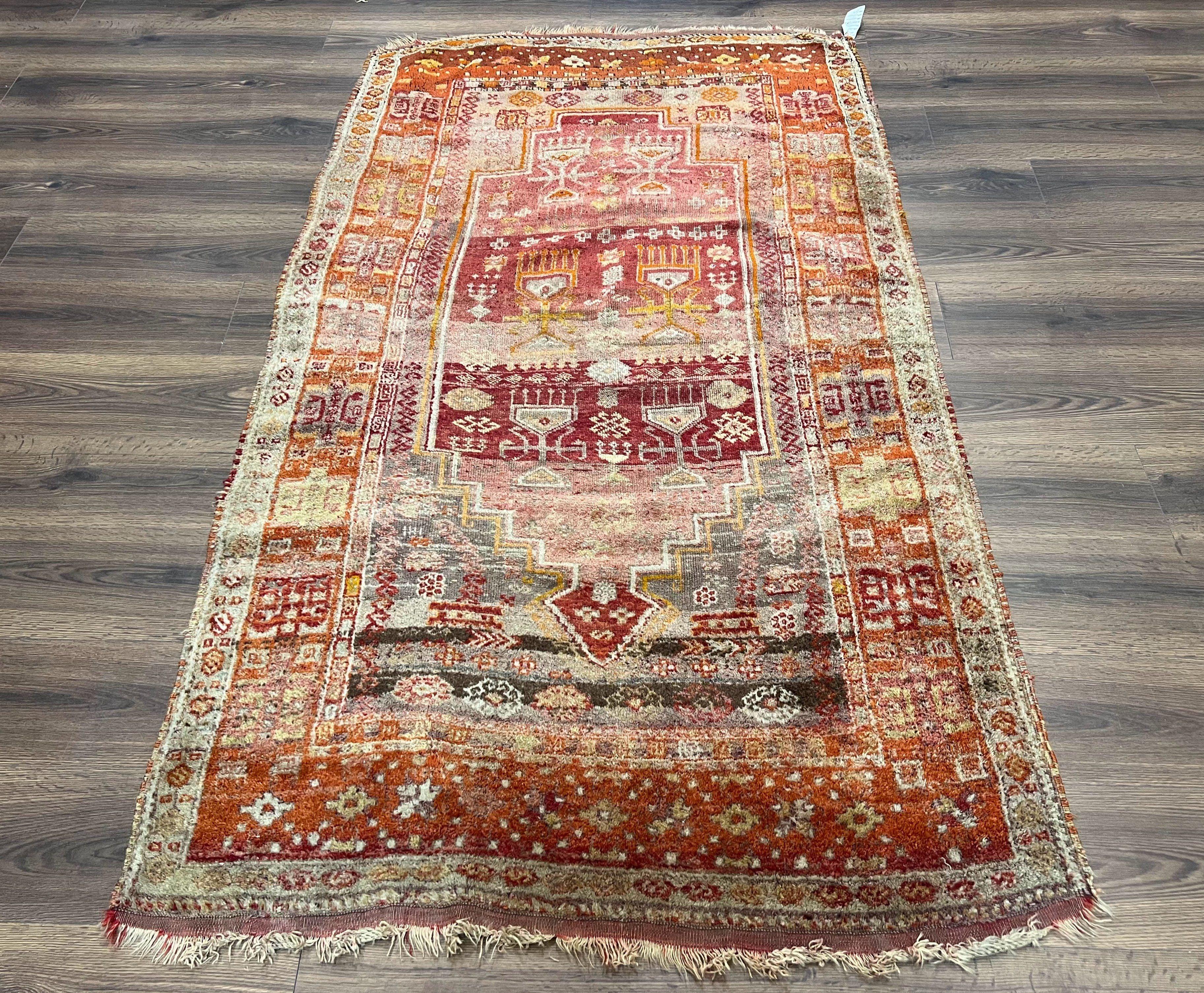 Antique Turkish Melas Rug 4x7, Tribal Geometric Unique Collectible Hand Knotted Wool Oriental Carpet, Rare 1920s Rug, Burnt Orange Red - Image 11
