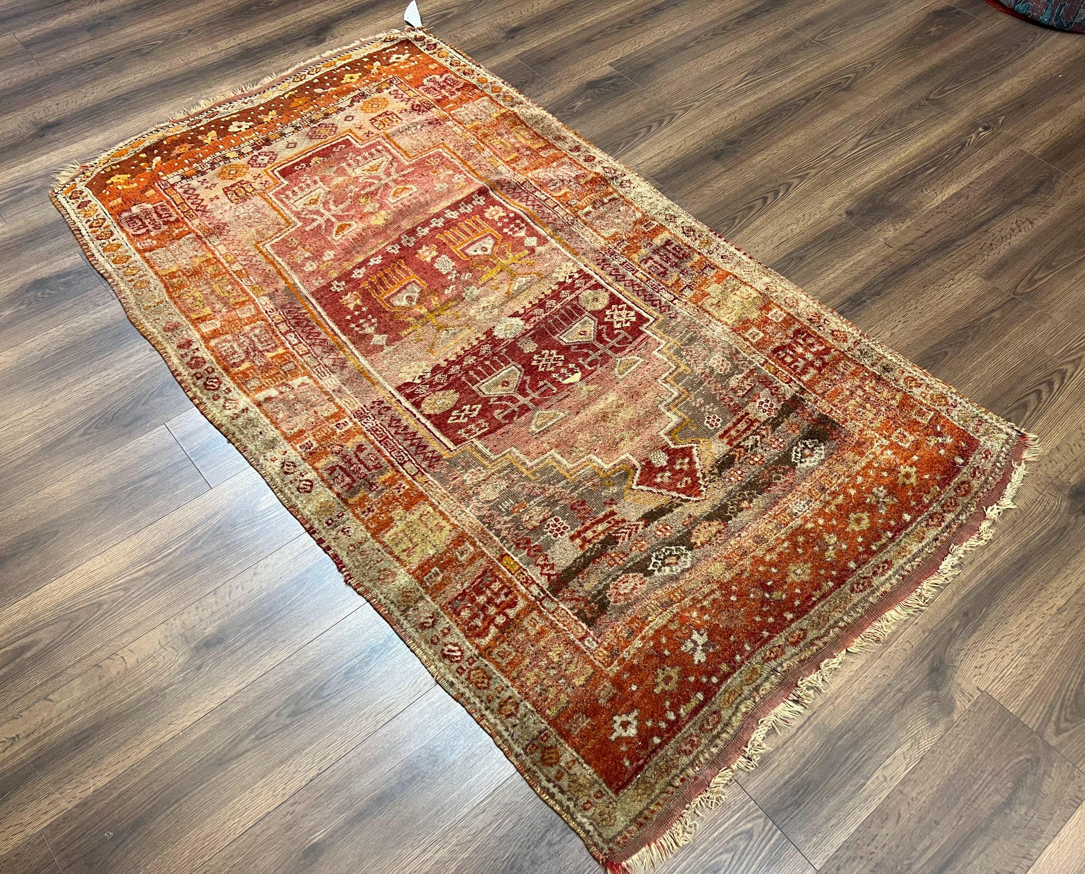 Antique Turkish Melas Rug 4x7, Tribal Geometric Unique Collectible Hand Knotted Wool Oriental Carpet, Rare 1920s Rug, Burnt Orange Red - Image 12