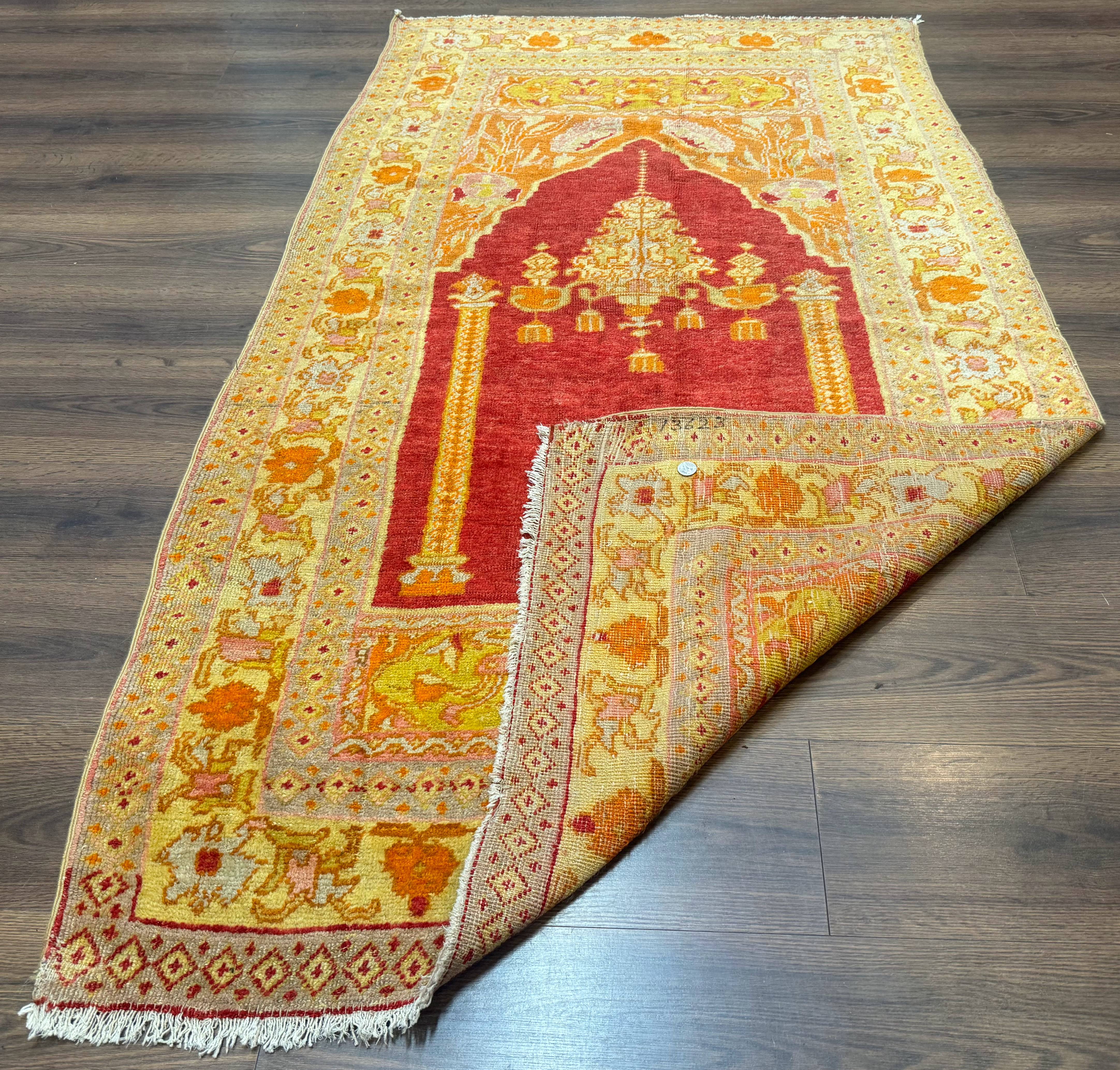 Antique Turkish Prayer Rug 4x6, Red and Golden Mustard, Mihrab Design, Anatolian Carpet - Image 11