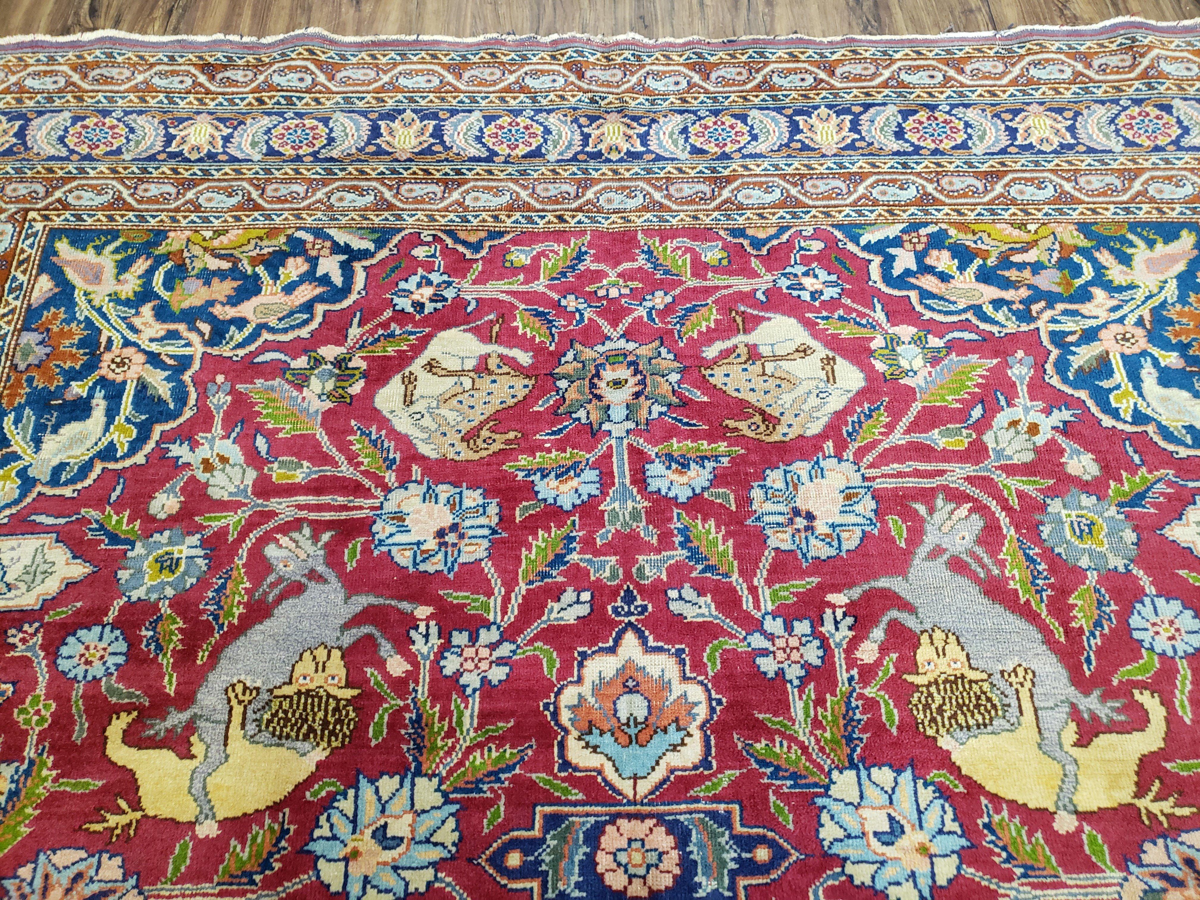 Antique Turkish Sivas Area Rug 8x11, Hand-Knotted, Vintage Red Wool Carpet, Gazelles Lions, Boteh Border, 8' x 11' Top Quality Oriental Rug - Image 11