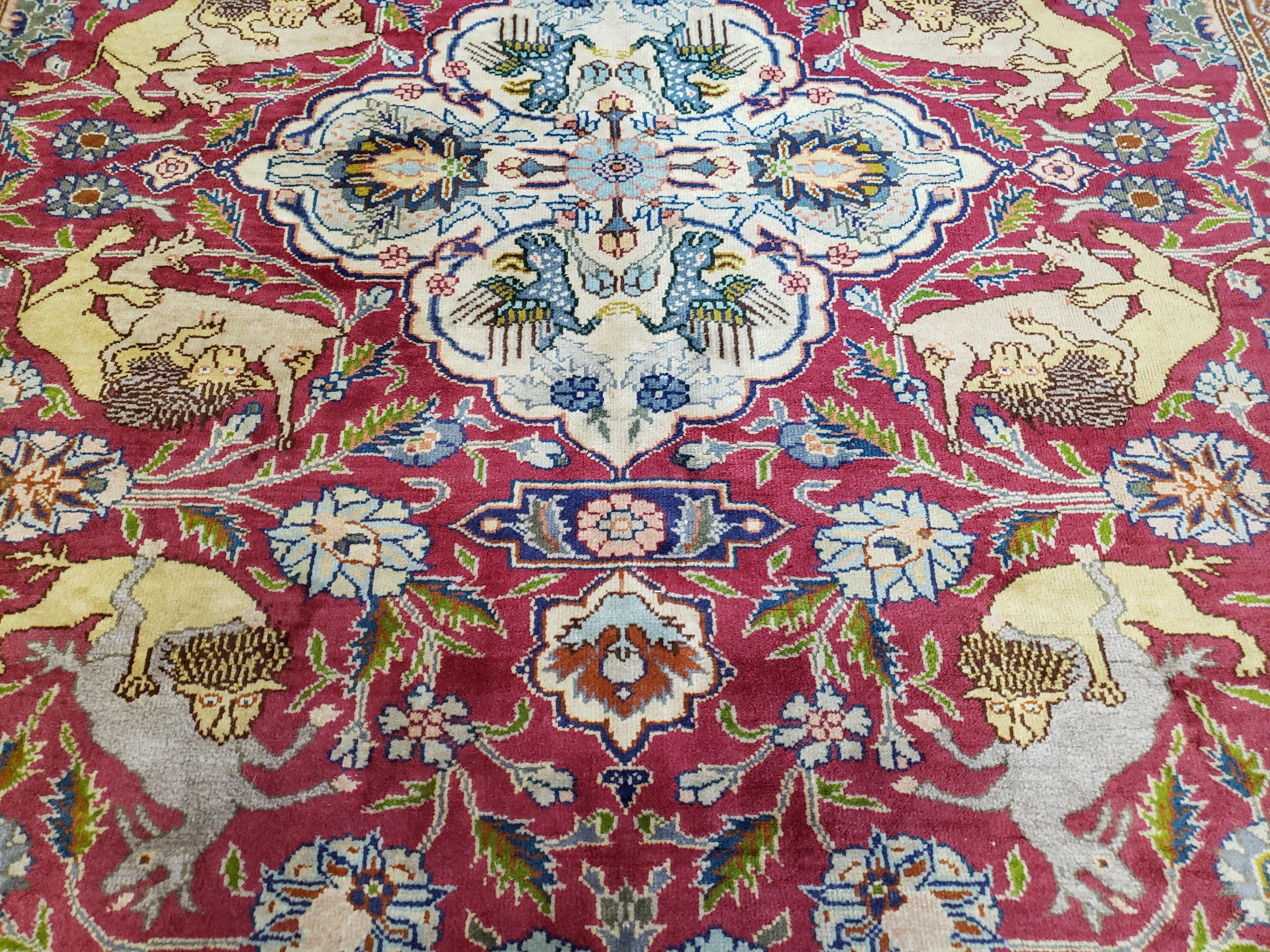 Antique Turkish Sivas Area Rug 8x11, Hand-Knotted, Vintage Red Wool Carpet, Gazelles Lions, Boteh Border, 8' x 11' Top Quality Oriental Rug - Image 12