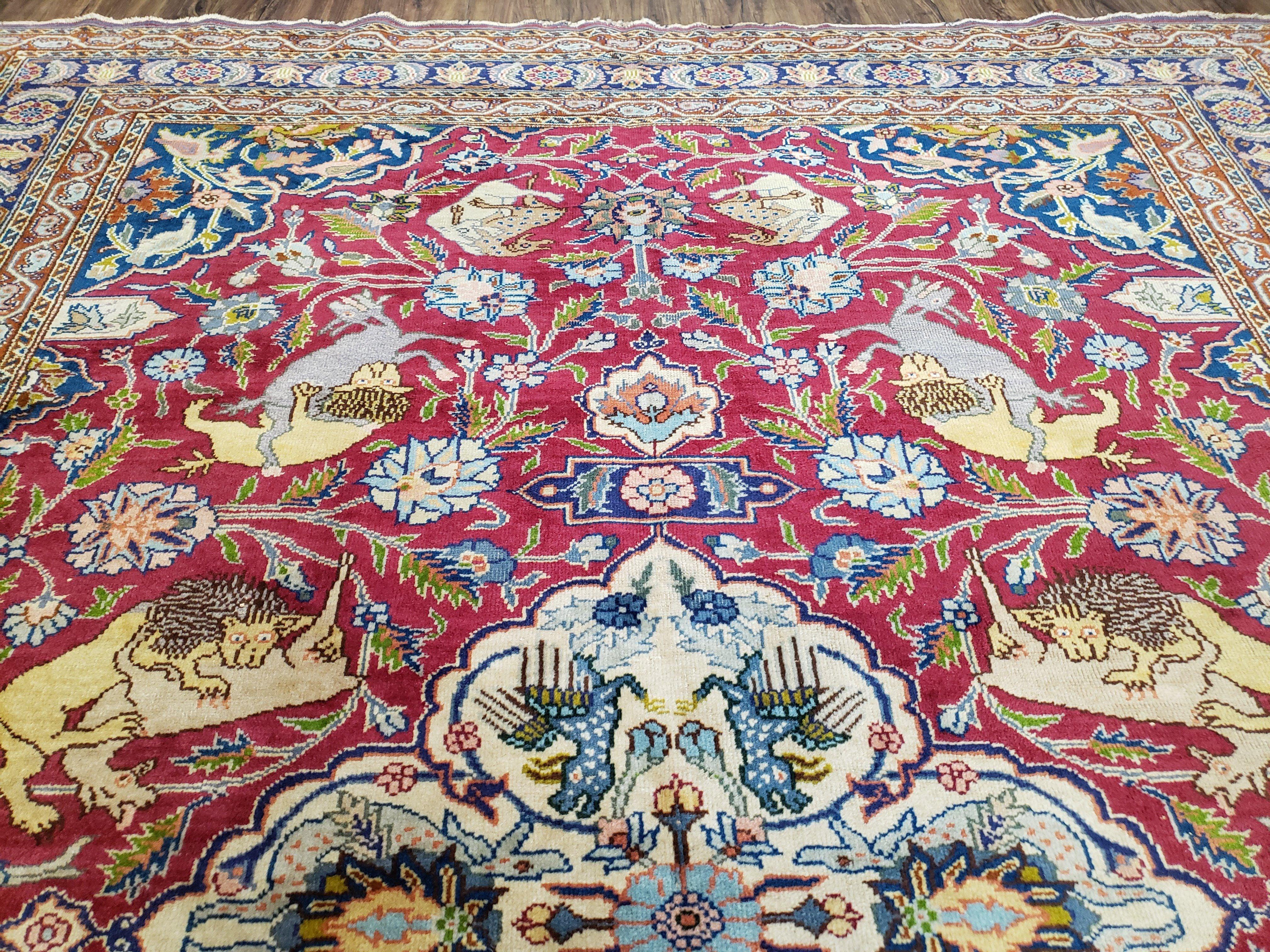 Antique Turkish Sivas Area Rug 8x11, Hand-Knotted, Vintage Red Wool Carpet, Gazelles Lions, Boteh Border, 8' x 11' Top Quality Oriental Rug - Image 5