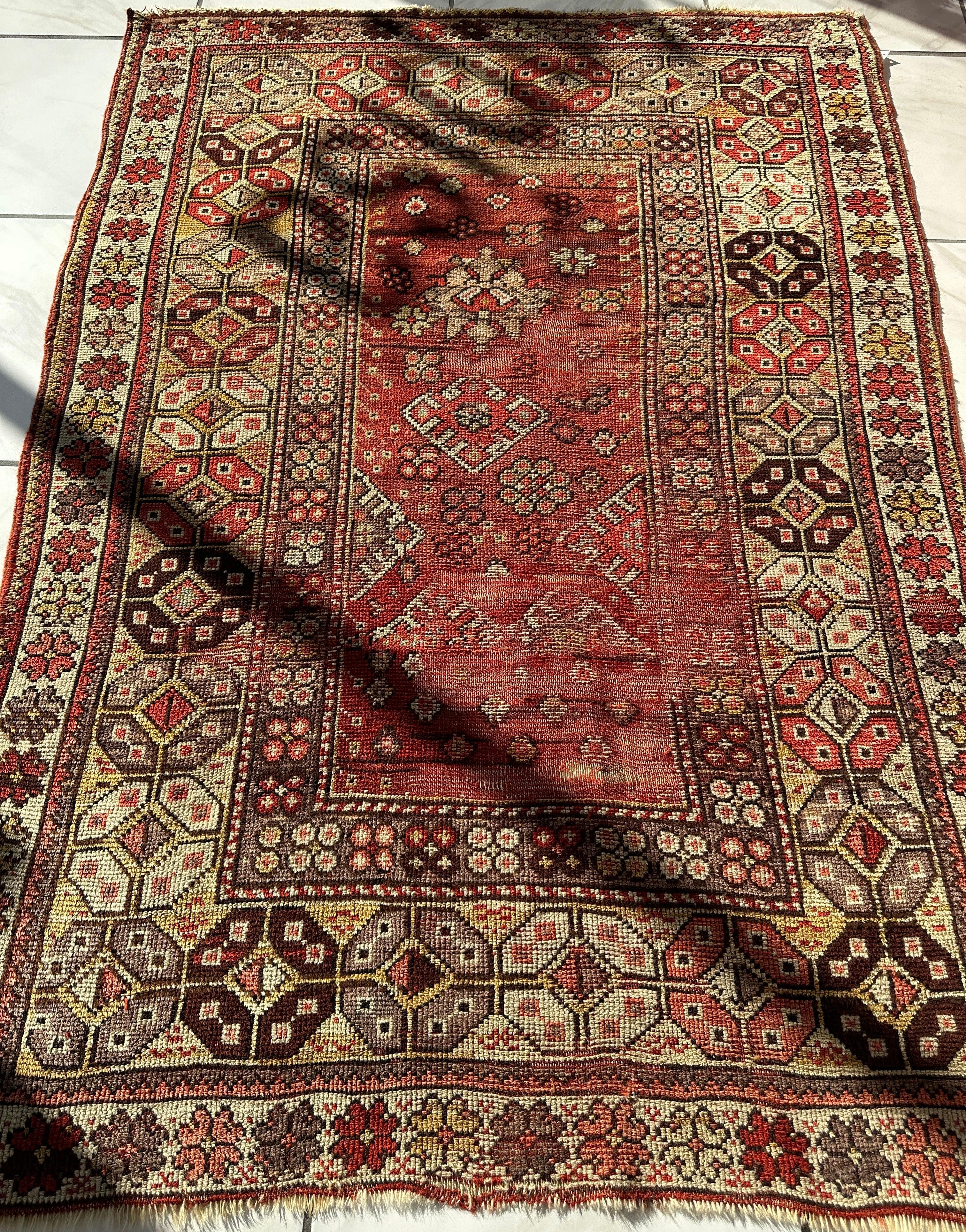Antique Turkish Wool Distressed Prayer Rug 4’3” x 5’11” - Image 3