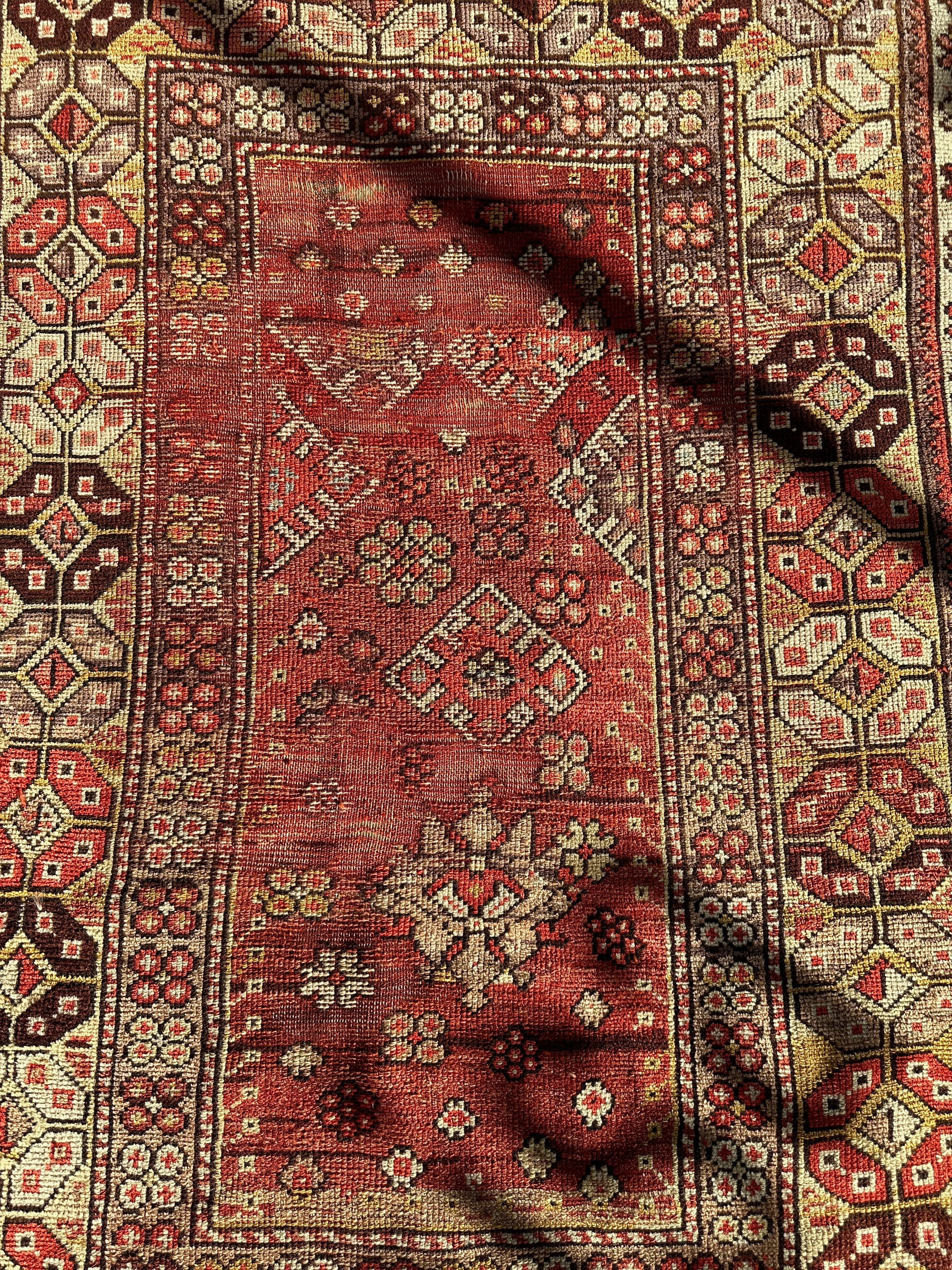 Antique Turkish Wool Distressed Prayer Rug 4’3” x 5’11” - Image 5