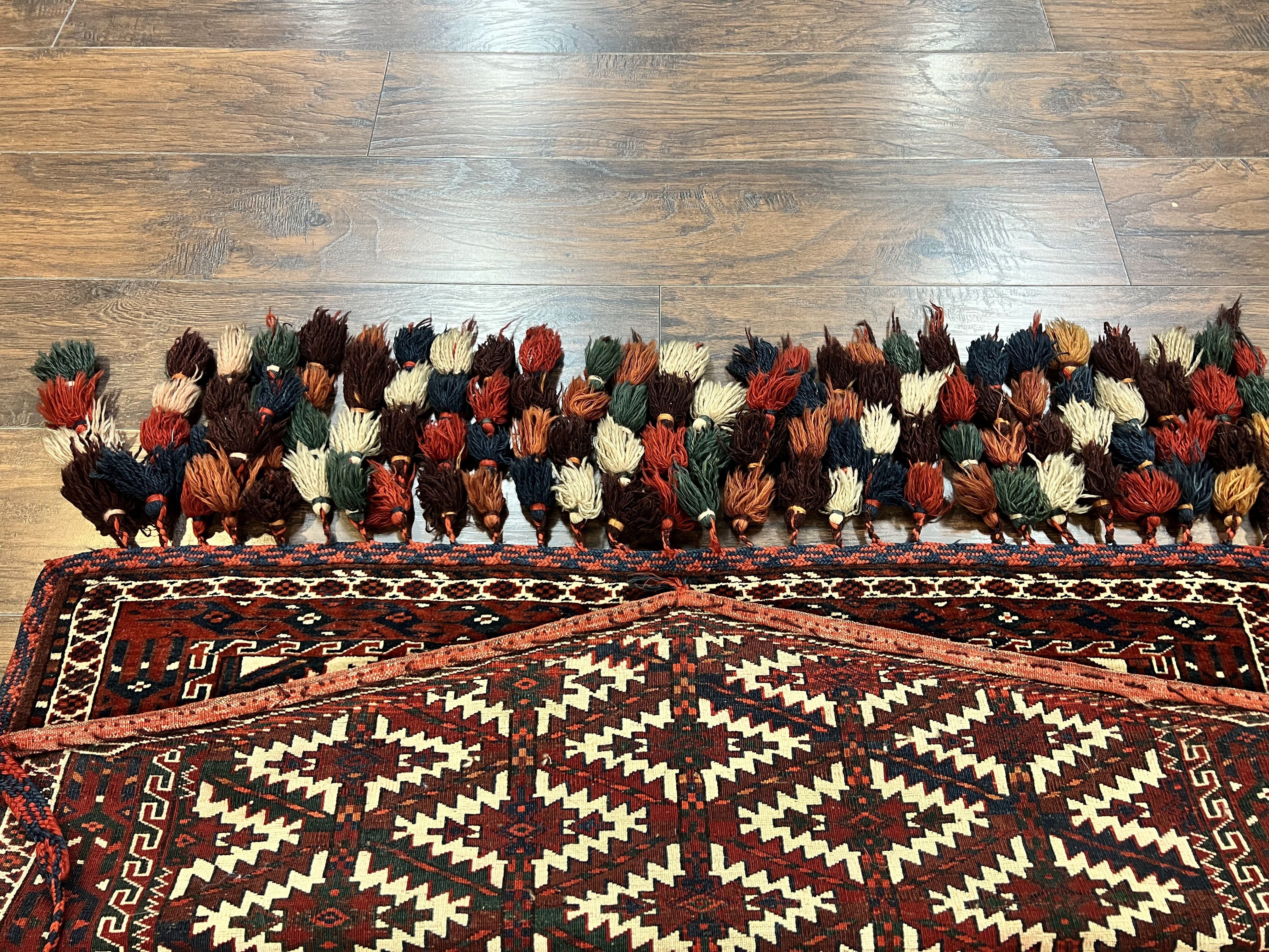 Antique Turkoman Camel Trapping, Turkoman Asmalyk, Red Black Ivory, Handmade, Hand Knotted Tribal Collectible Rug, Rare - Image 10