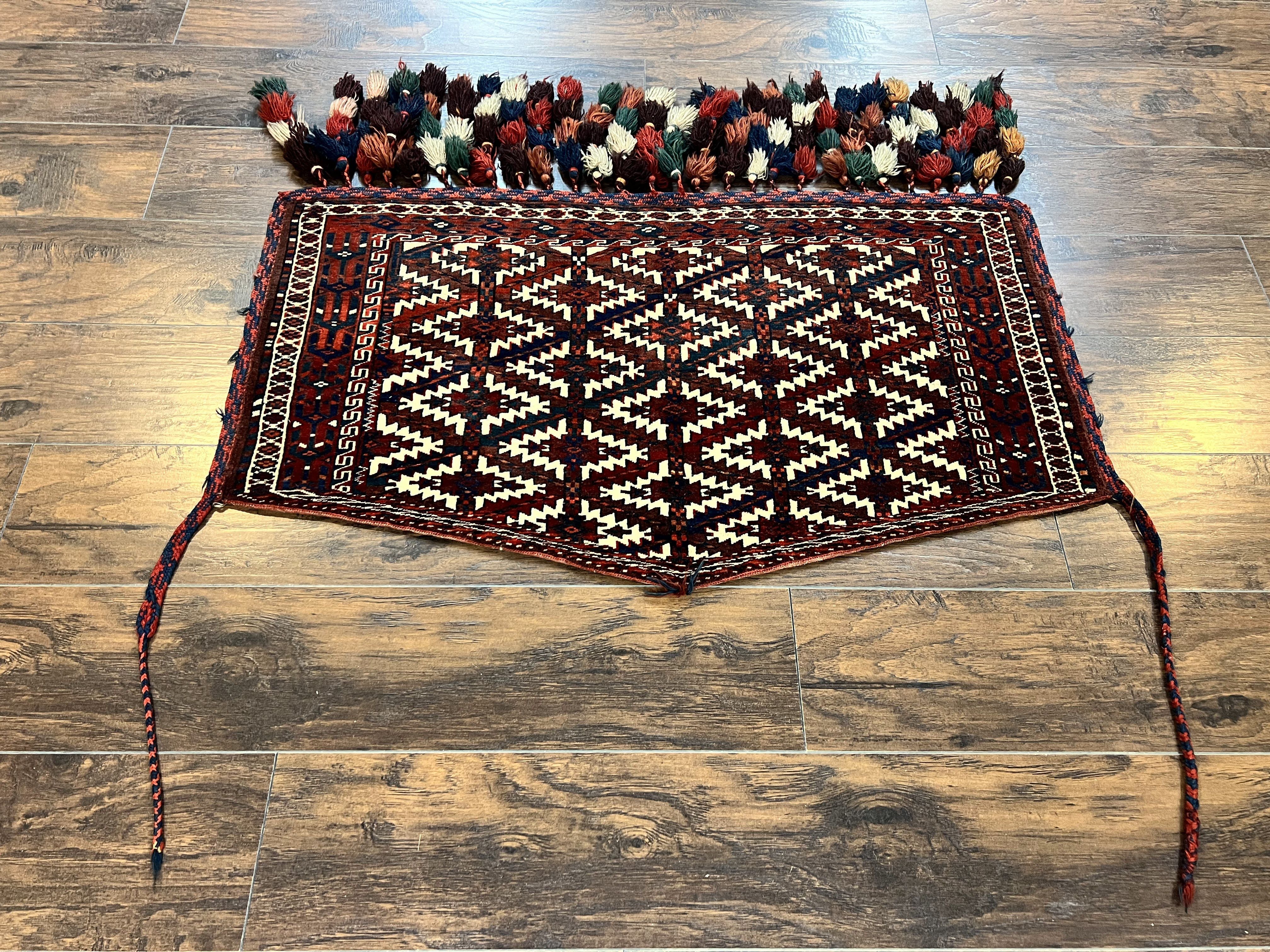 Antique Turkoman Camel Trapping, Turkoman Asmalyk, Red Black Ivory, Handmade, Hand Knotted Tribal Collectible Rug, Rare - Image 11