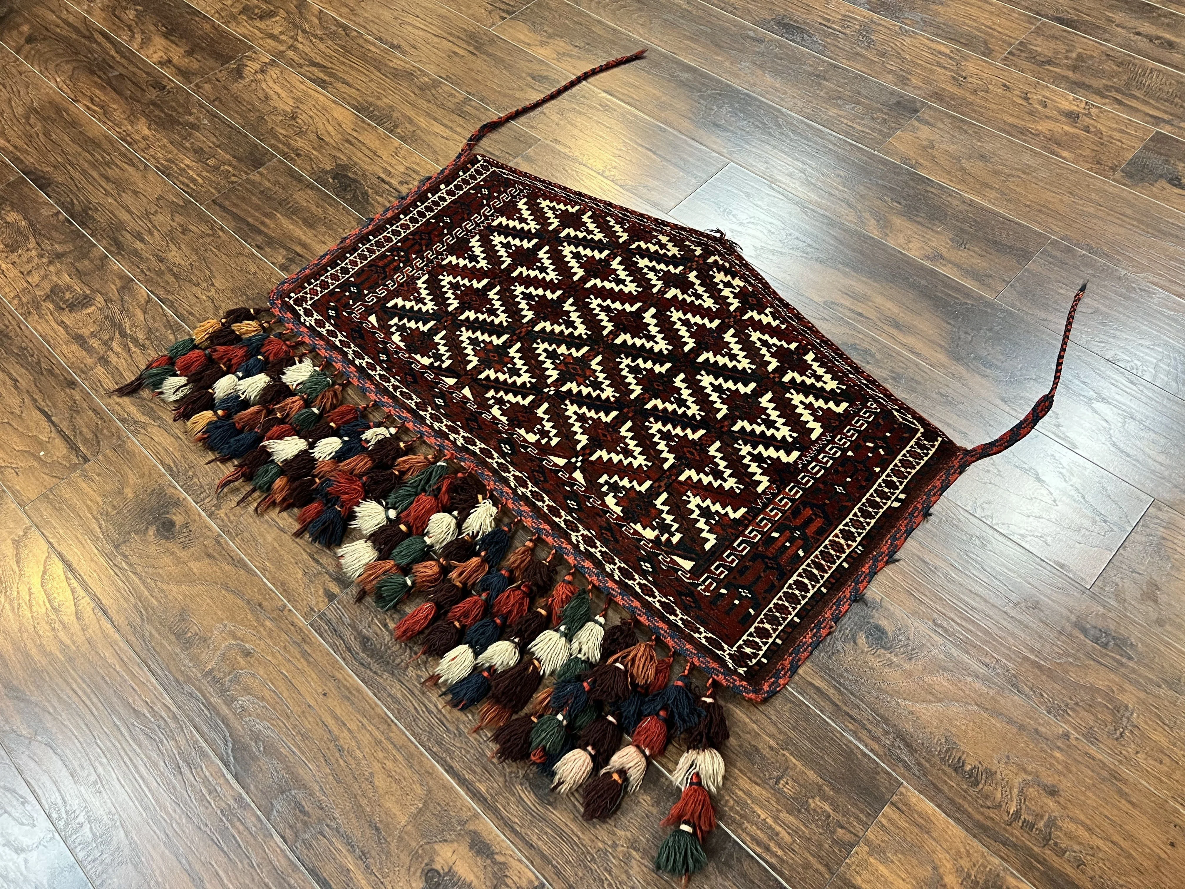 Antique Turkoman Camel Trapping, Turkoman Asmalyk, Red Black Ivory, Handmade, Hand Knotted Tribal Collectible Rug, Rare - Image 12