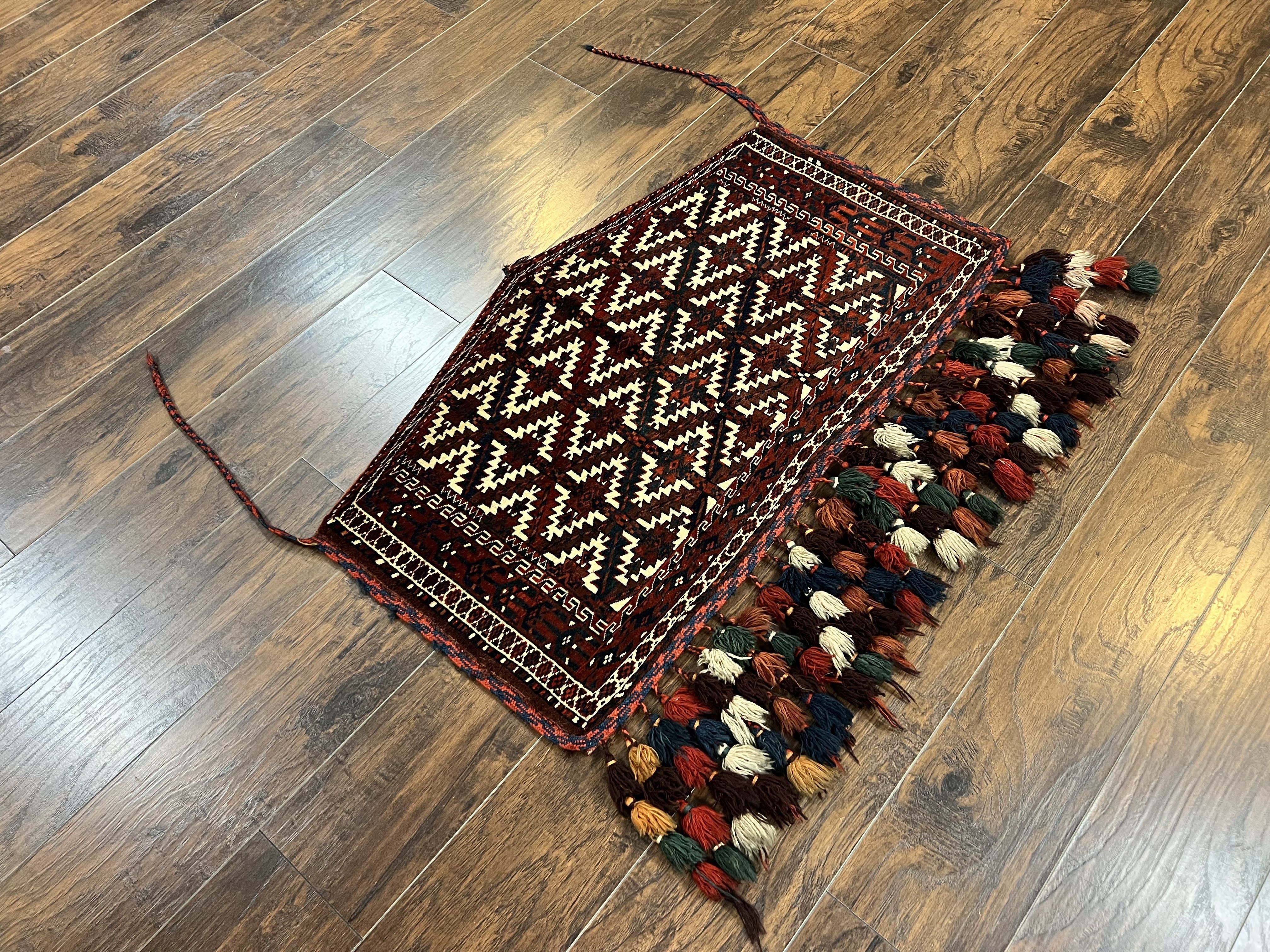 Antique Turkoman Camel Trapping, Turkoman Asmalyk, Red Black Ivory, Handmade, Hand Knotted Tribal Collectible Rug, Rare - Image 13