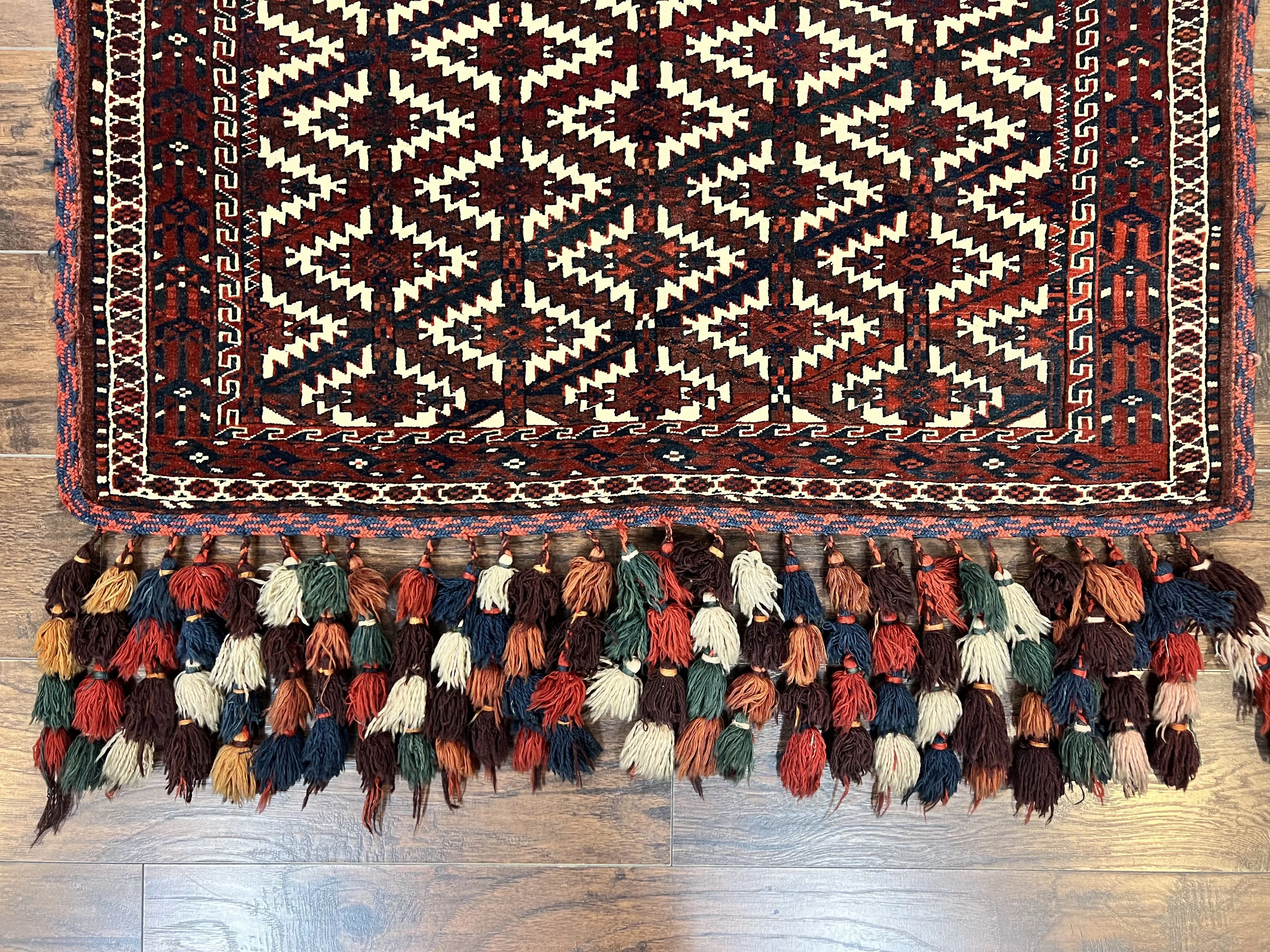 Antique Turkoman Camel Trapping, Turkoman Asmalyk, Red Black Ivory, Handmade, Hand Knotted Tribal Collectible Rug, Rare - Image 5