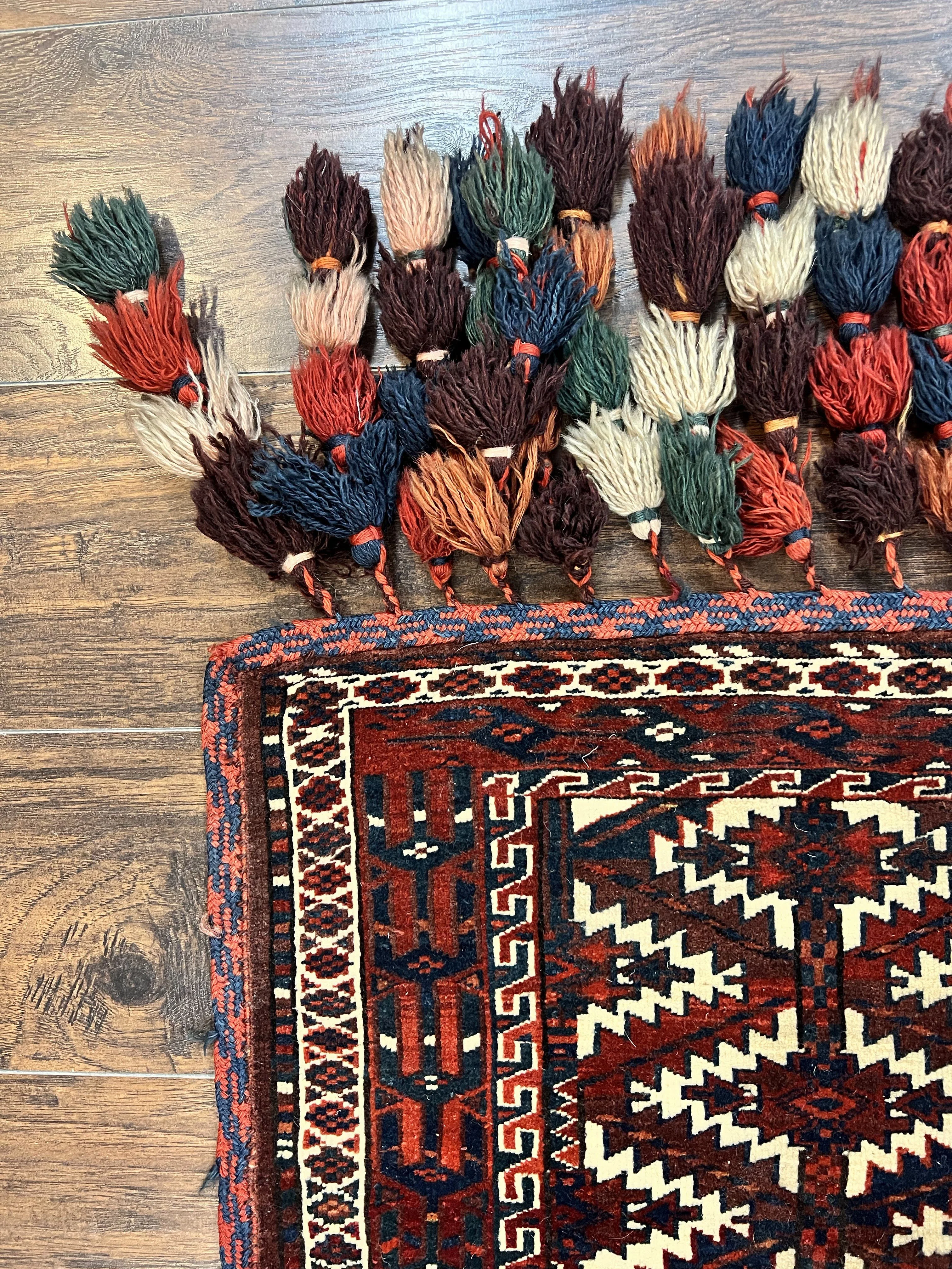 Antique Turkoman Camel Trapping, Turkoman Asmalyk, Red Black Ivory, Handmade, Hand Knotted Tribal Collectible Rug, Rare - Image 6