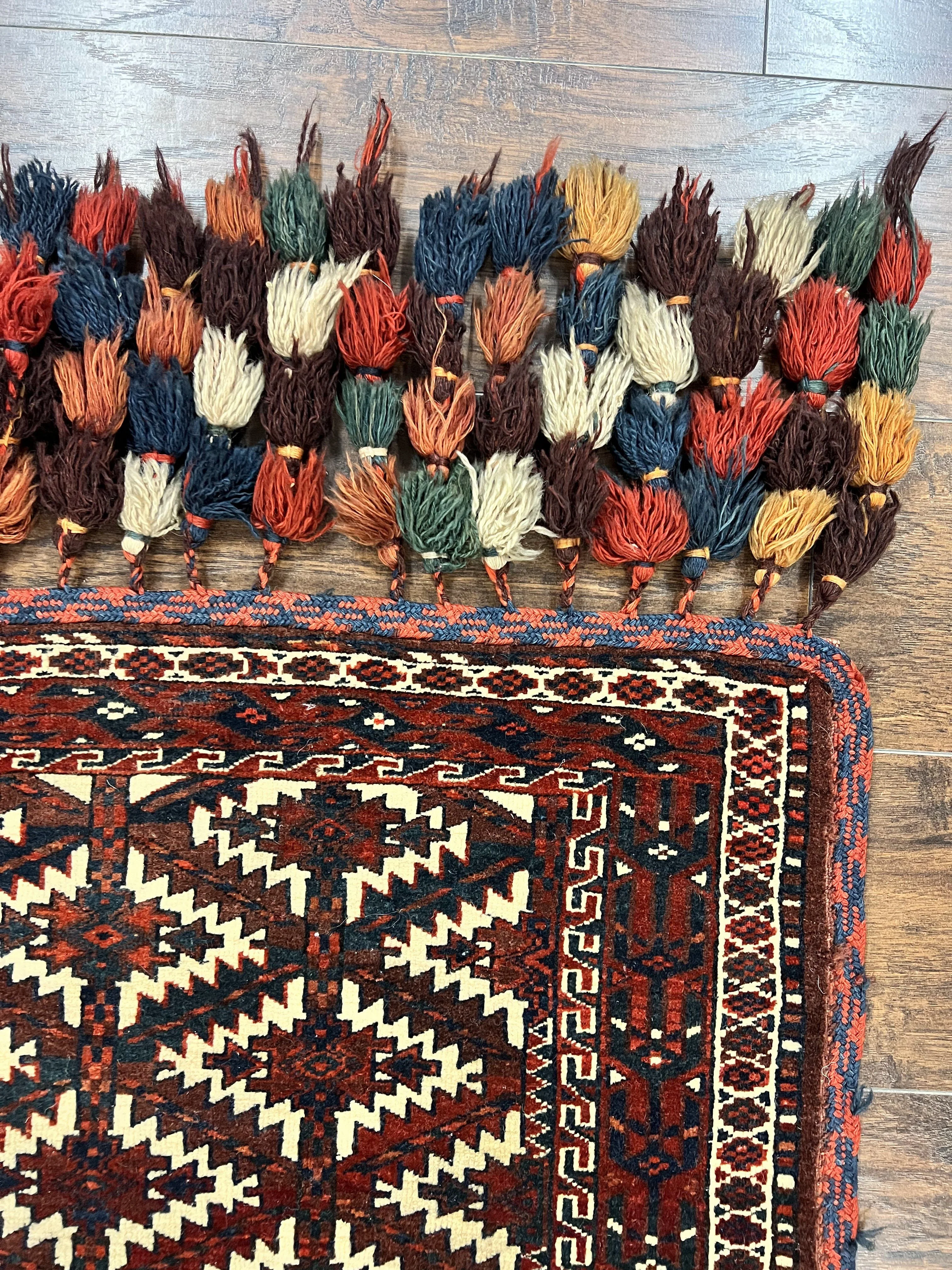 Antique Turkoman Camel Trapping, Turkoman Asmalyk, Red Black Ivory, Handmade, Hand Knotted Tribal Collectible Rug, Rare - Image 7