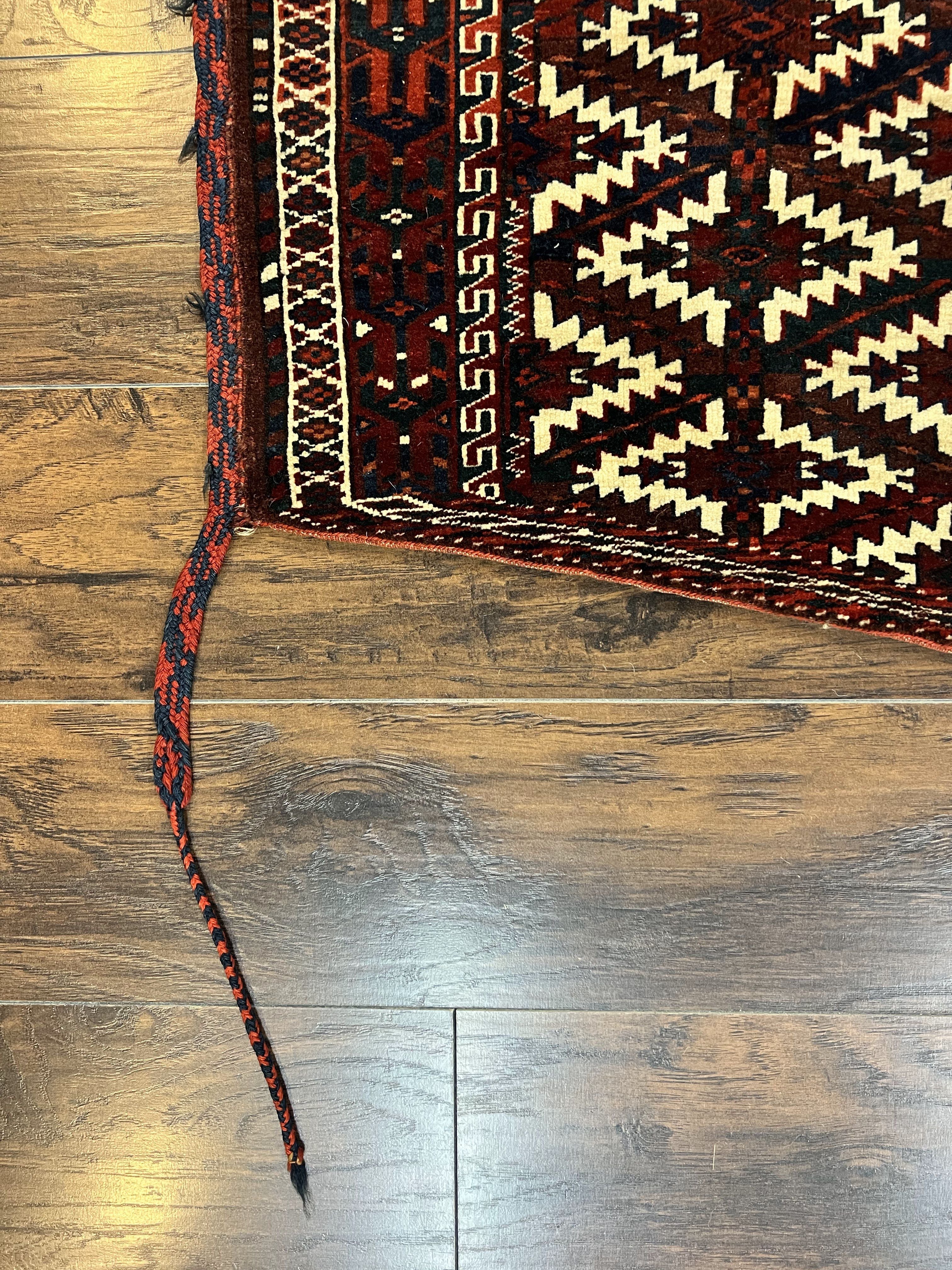 Antique Turkoman Camel Trapping, Turkoman Asmalyk, Red Black Ivory, Handmade, Hand Knotted Tribal Collectible Rug, Rare - Image 8