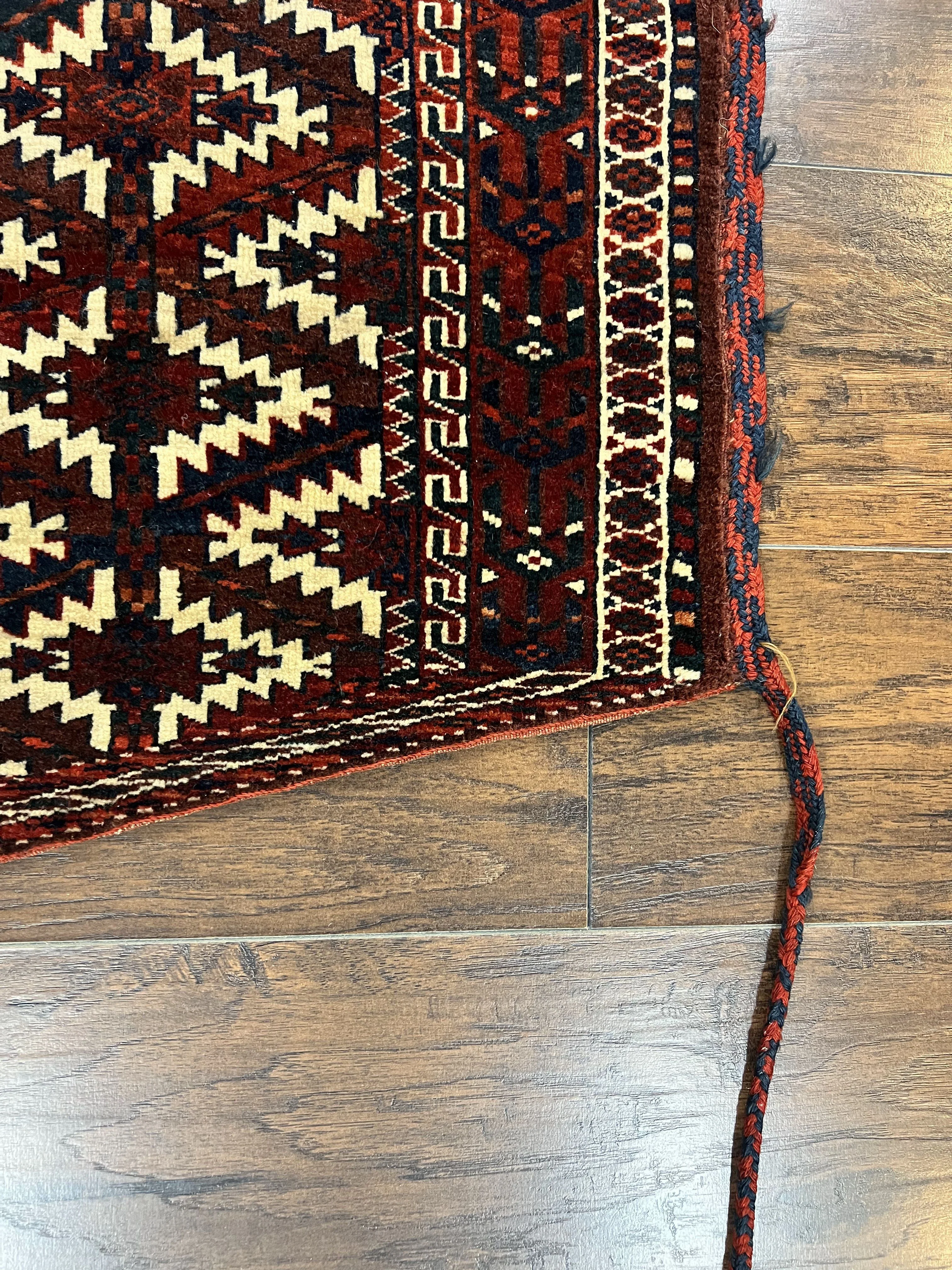 Antique Turkoman Camel Trapping, Turkoman Asmalyk, Red Black Ivory, Handmade, Hand Knotted Tribal Collectible Rug, Rare - Image 9