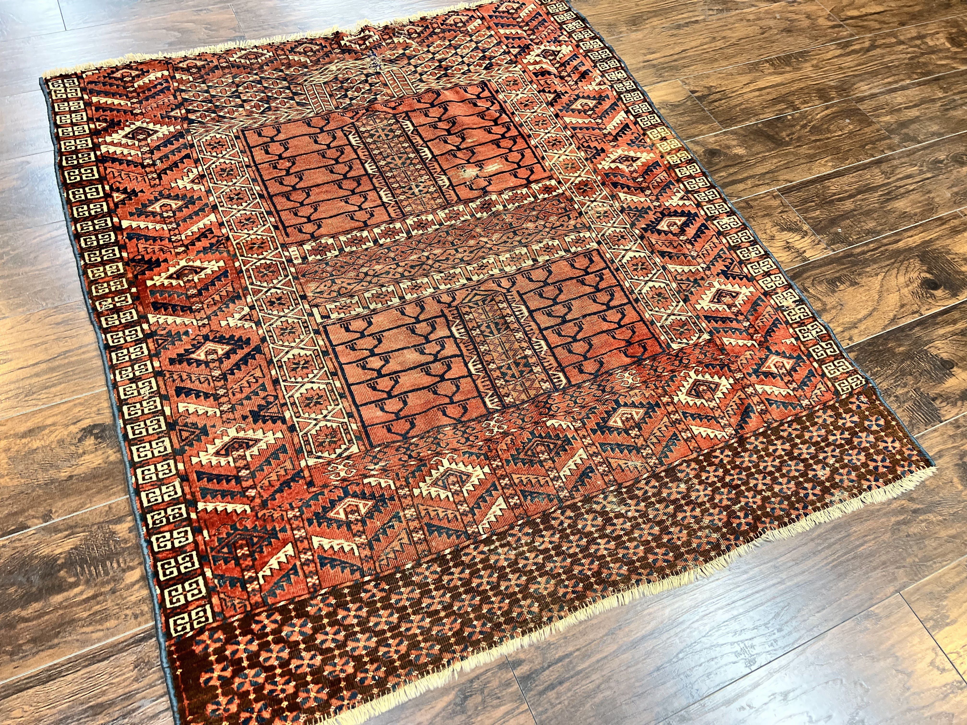 Antique Turkoman Rug 4x4, Hatchli Square Carpet, Wool Handmade Four Season Yamud Design Rug, Red Bohemian Tribal Rug, Engsi Tekkeh Rug - Image 2