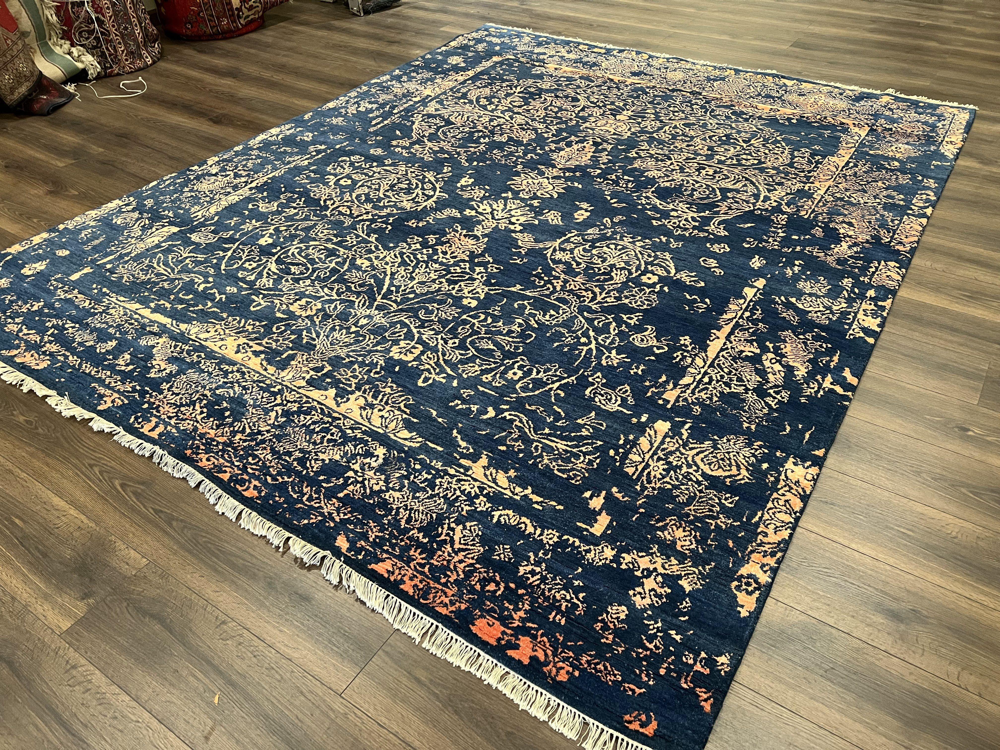 Area Rug 8x10 High Quality Handmade Oriental Carpet, Modern Contemporary Rug, Rug for Living Room, Wool Rug, Blue and Gold, Pakistani Rug - Image 2