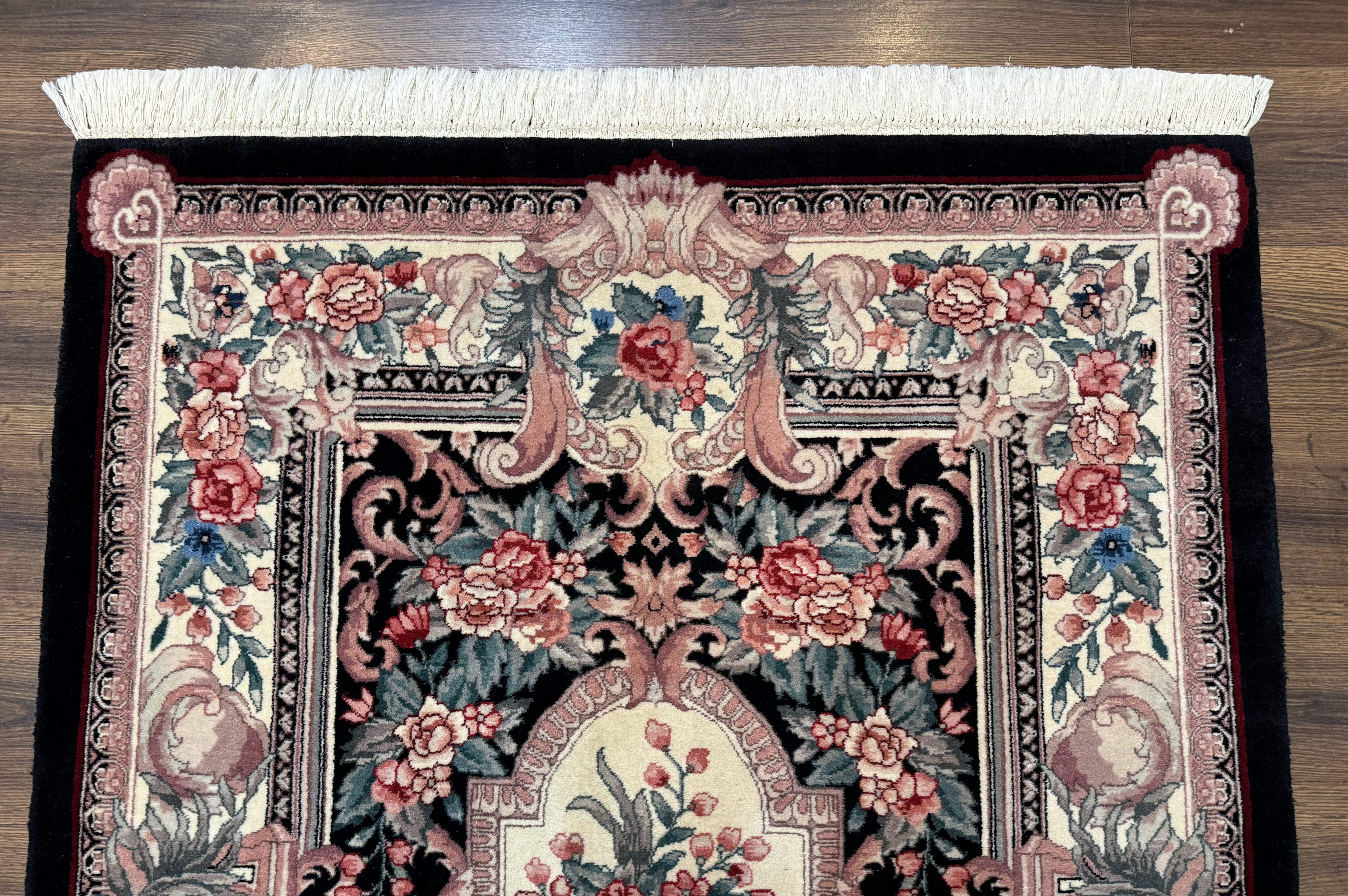 Aubusson Rug 4x6, Elegant European Floral Design, Black and Ivory, Fine 200 KPSI - Image 3