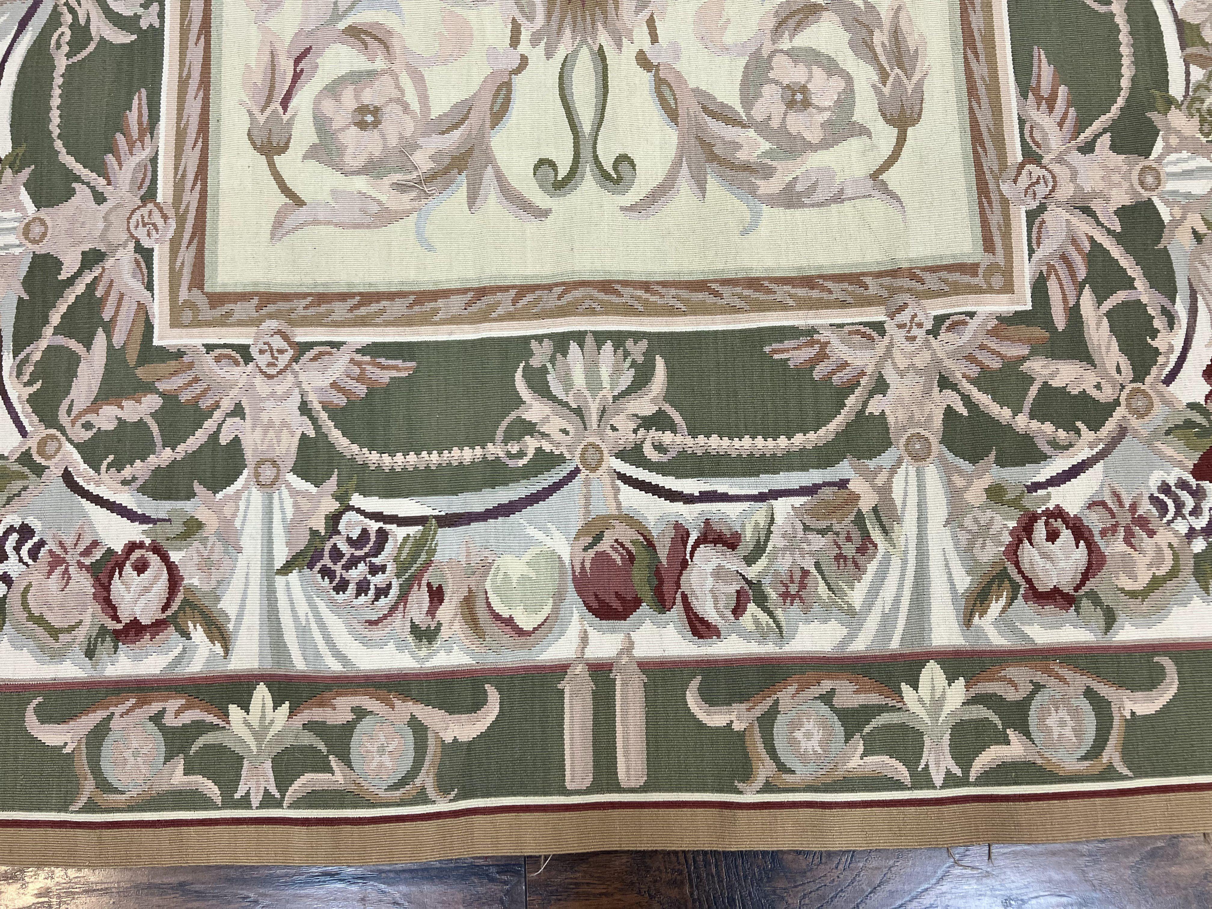 Aubusson Rug 5x8, Wool Handmade Vintage Carpet, Angel Motifs, Flatweave Rug 5 x 8, Medium Sized, European Design - Image 5