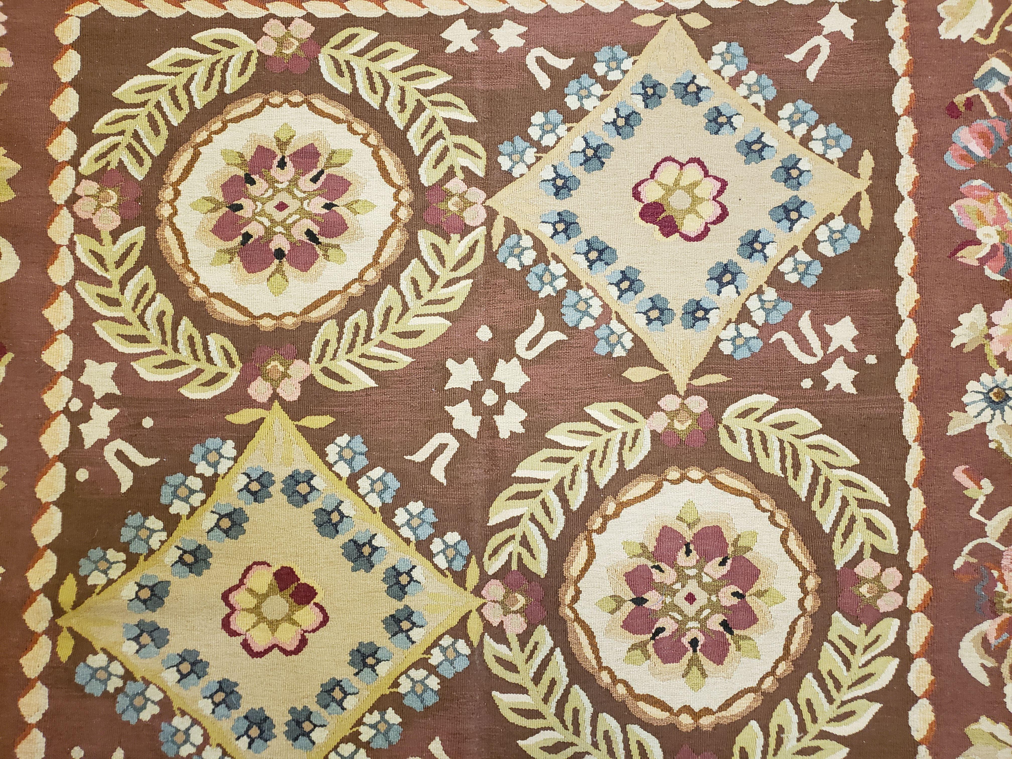 Aubusson Rug 6 x 9 Flat Weave Area Carpet European Design Flowers New Brown Rug Handmade Wool Hand-Knotted Aubusson Weave Medium Rug 6x9 - Image 4