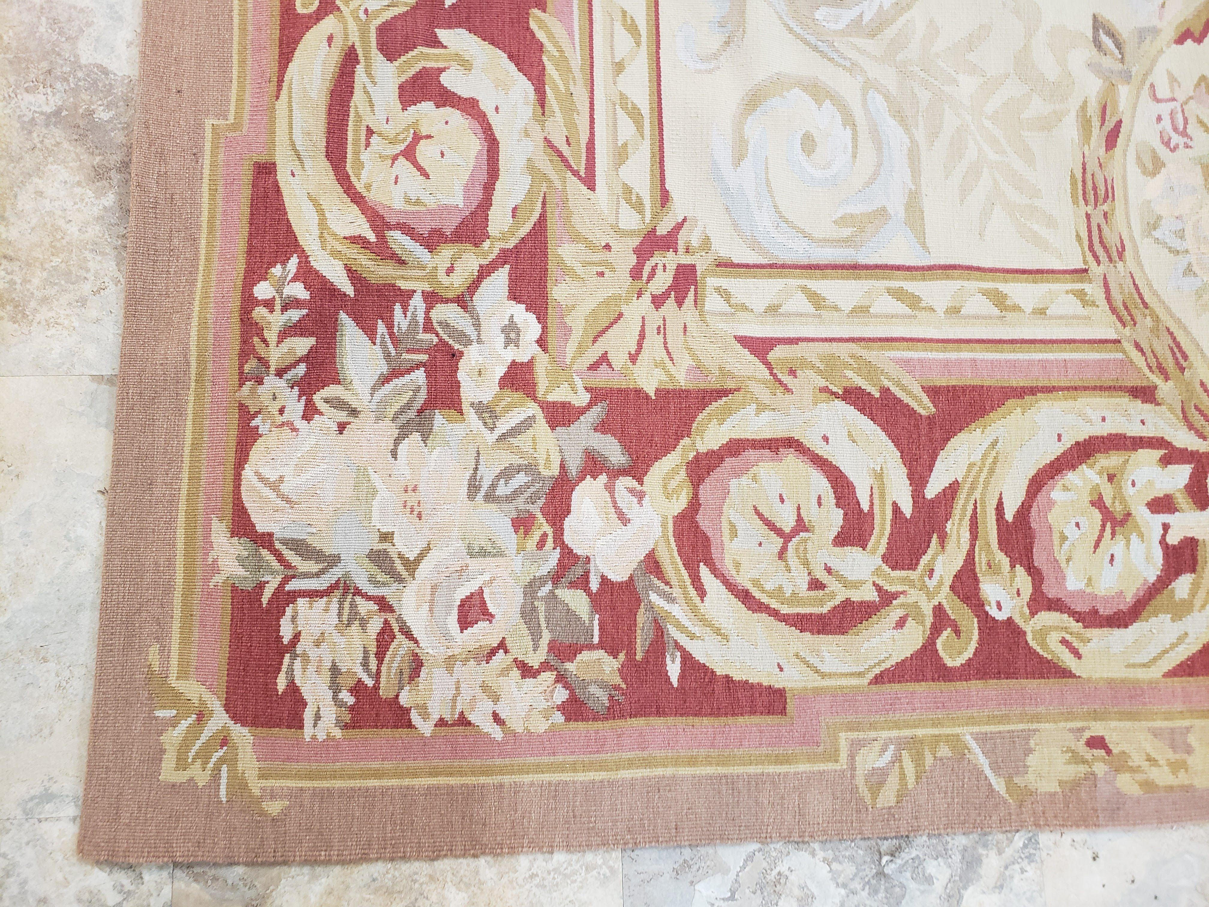 Aubusson Rug 6x9, Elegant Flatweave Rug, Aubusson Savonnerie 6 x 9 Flatweave Area Rug, Cream and Red, Wool Hand Woven Carpet, Medium Size - Image 8