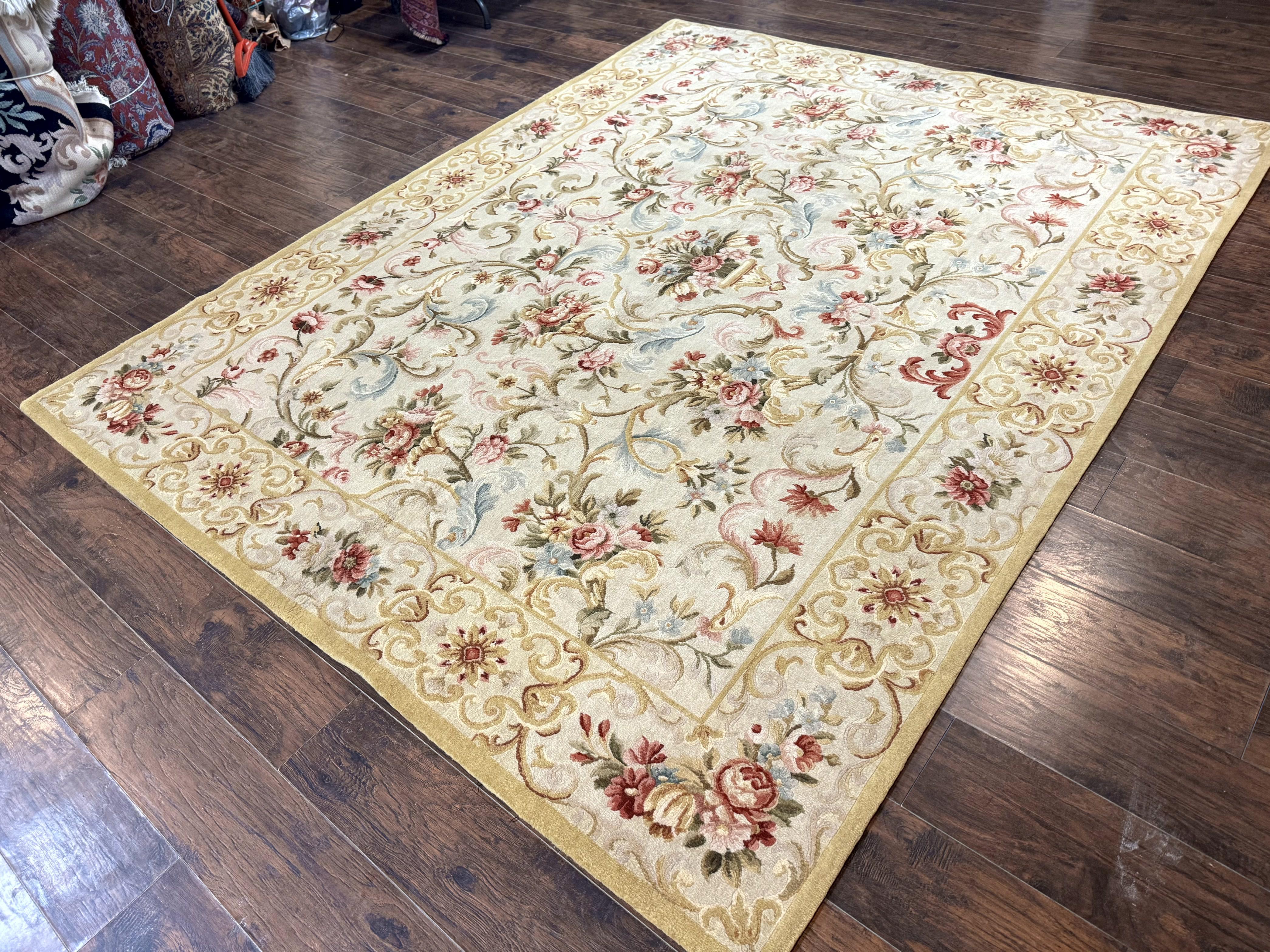 Aubusson Rug 8x10, French European Design, Vintage Handmade Wool Carpet, Aubusson Rug with Pile, Floral - Image 2