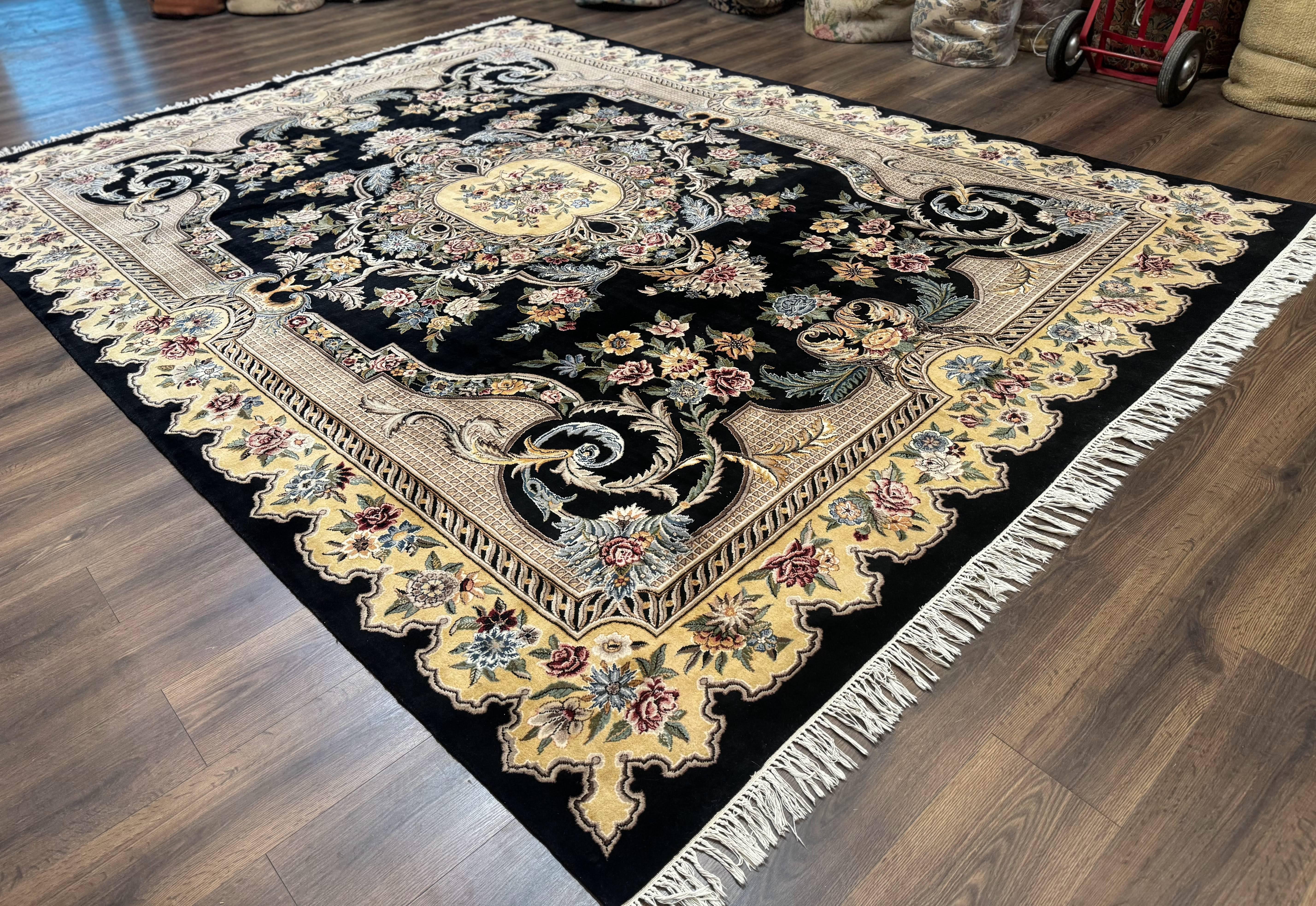 Aubusson Rug 9x12, Black and Beige, Floral, Elegant Handmade French European Design Carpet - Image 12