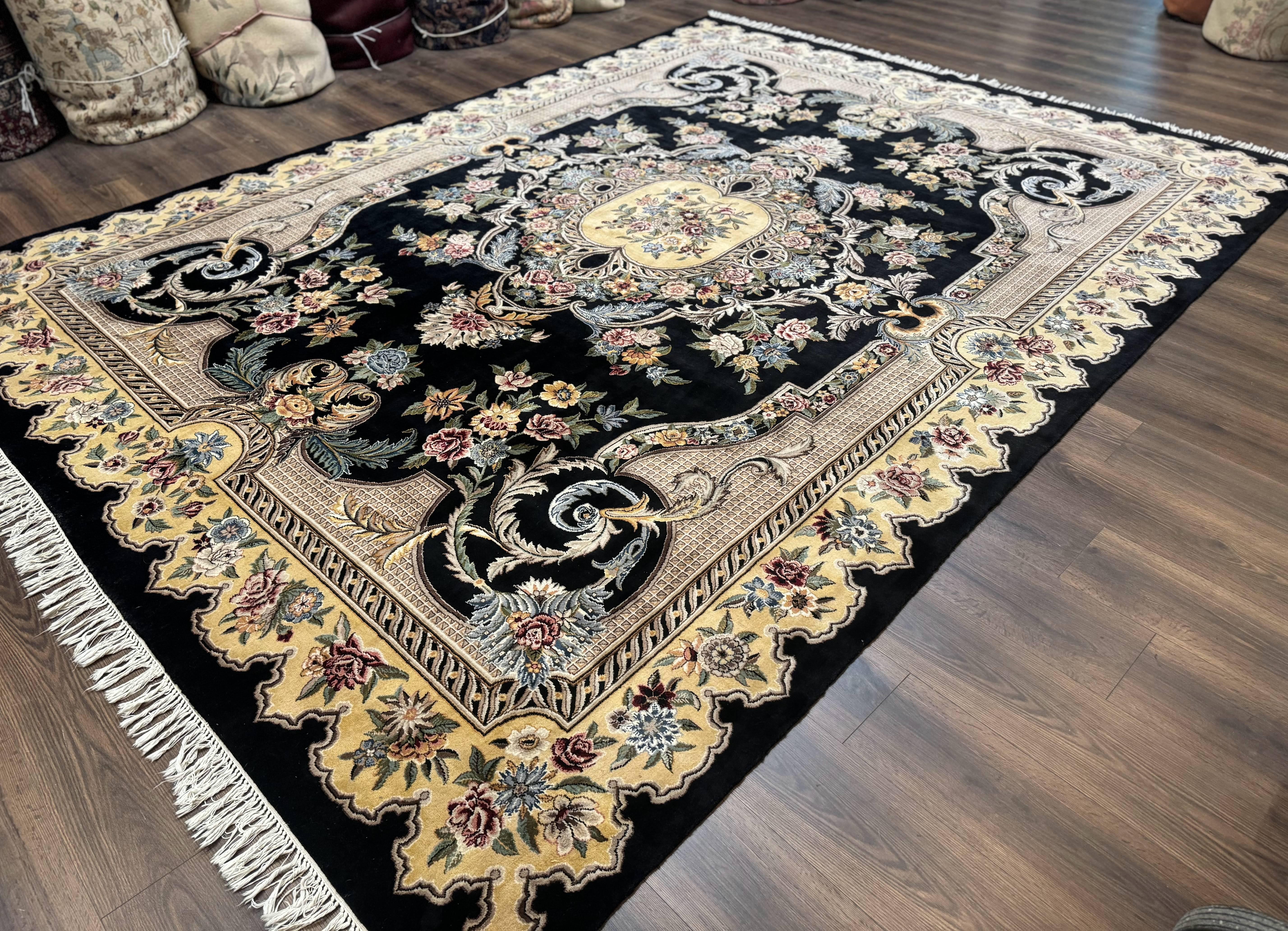 Aubusson Rug 9x12, Black and Beige, Floral, Elegant Handmade French European Design Carpet - Image 2