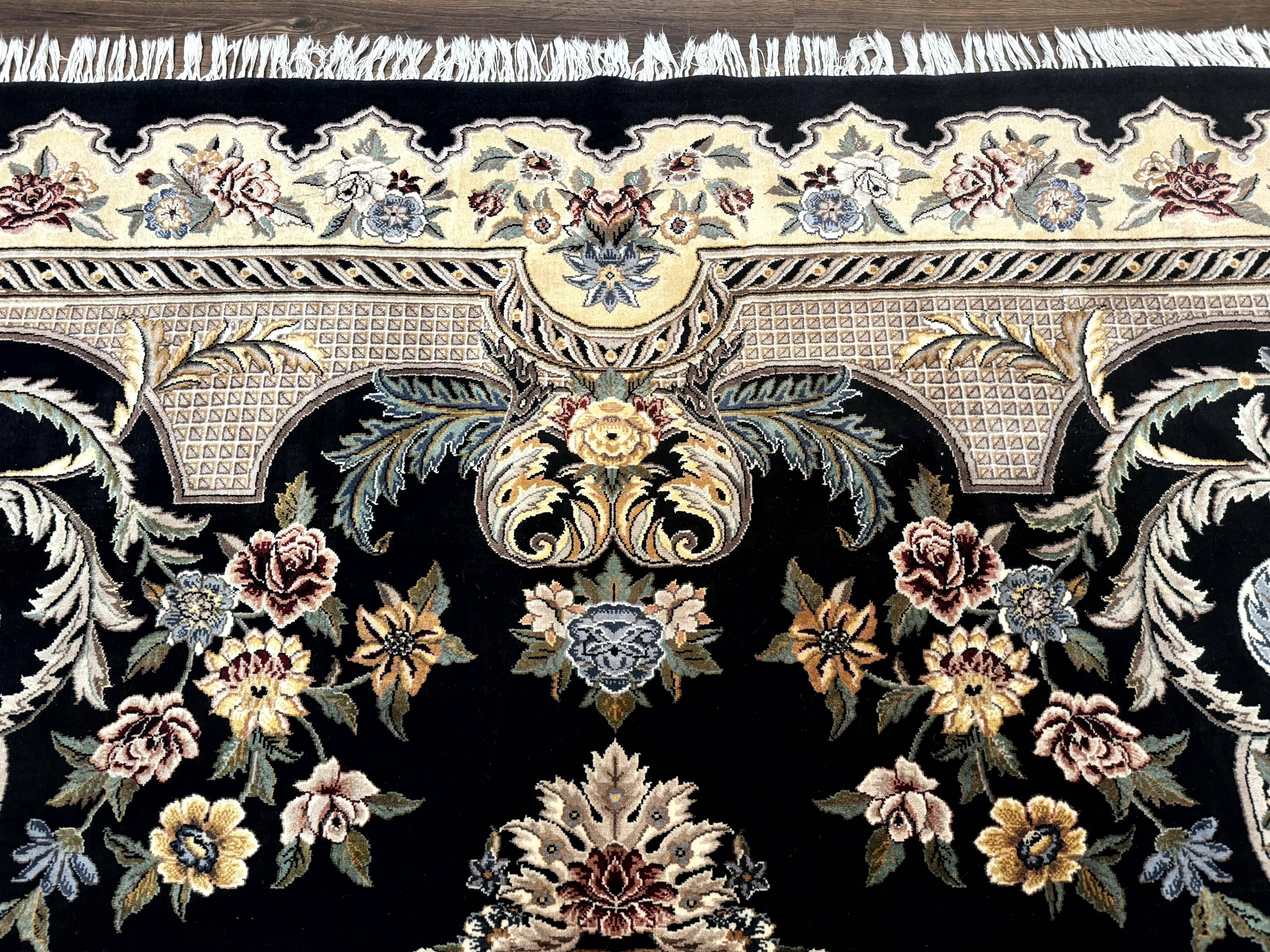 Aubusson Rug 9x12, Black and Beige, Floral, Elegant Handmade French European Design Carpet - Image 3