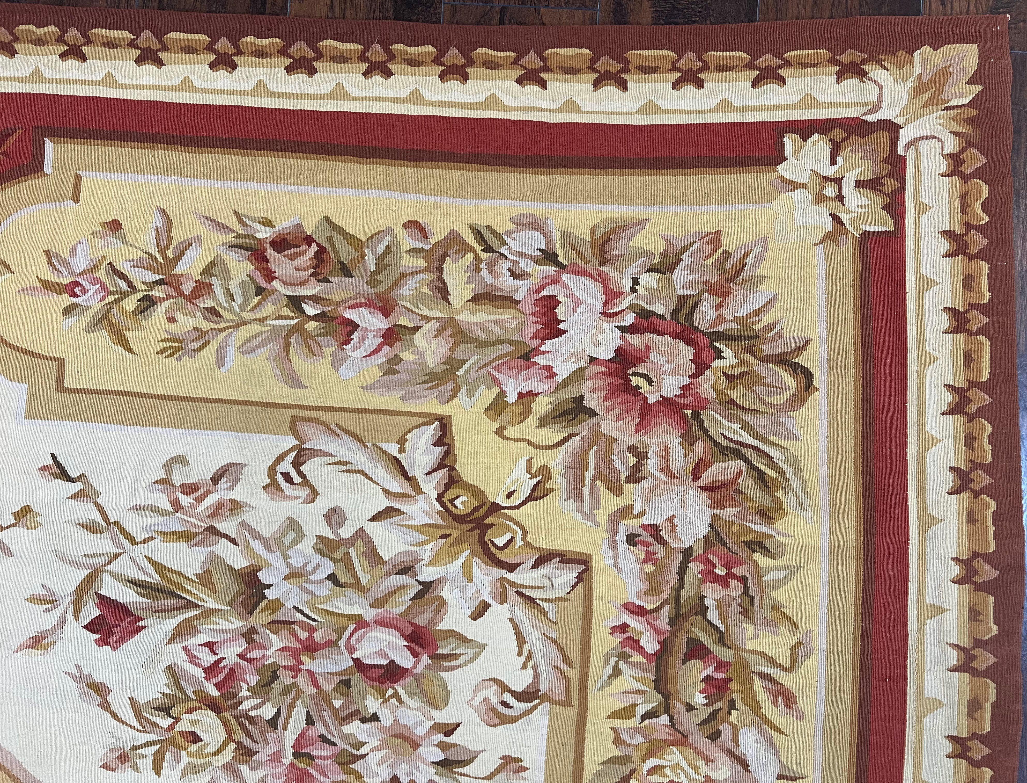 Aubusson Rug 9x12, Elegant Flatweave Savonnerie Carpet 9 x 12 ft, Ivory Light Yellow Red, Handmade Wool Flatweave French European Rug - Image 7
