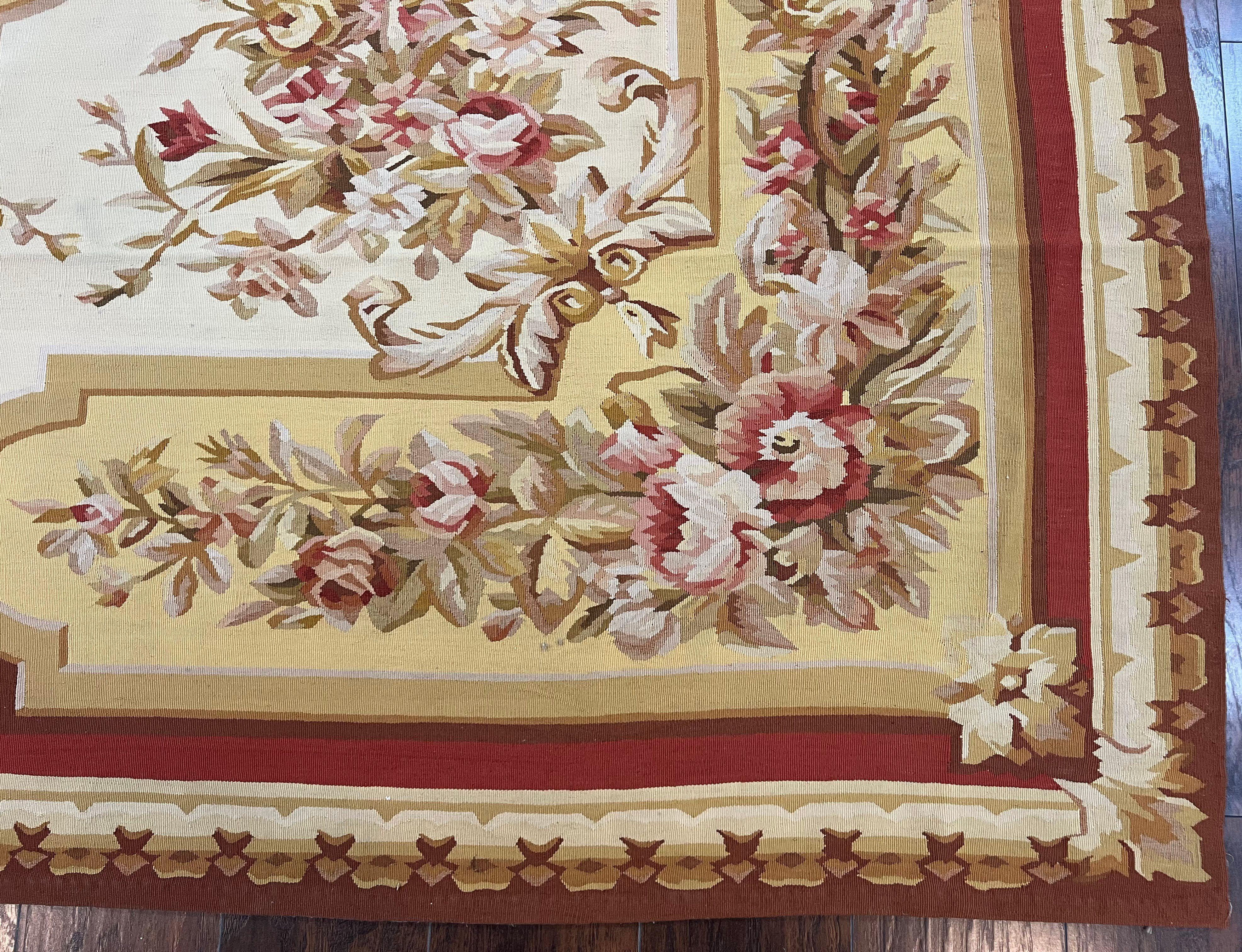 Aubusson Rug 9x12, Elegant Flatweave Savonnerie Carpet 9 x 12 ft, Ivory Light Yellow Red, Handmade Wool Flatweave French European Rug - Image 9