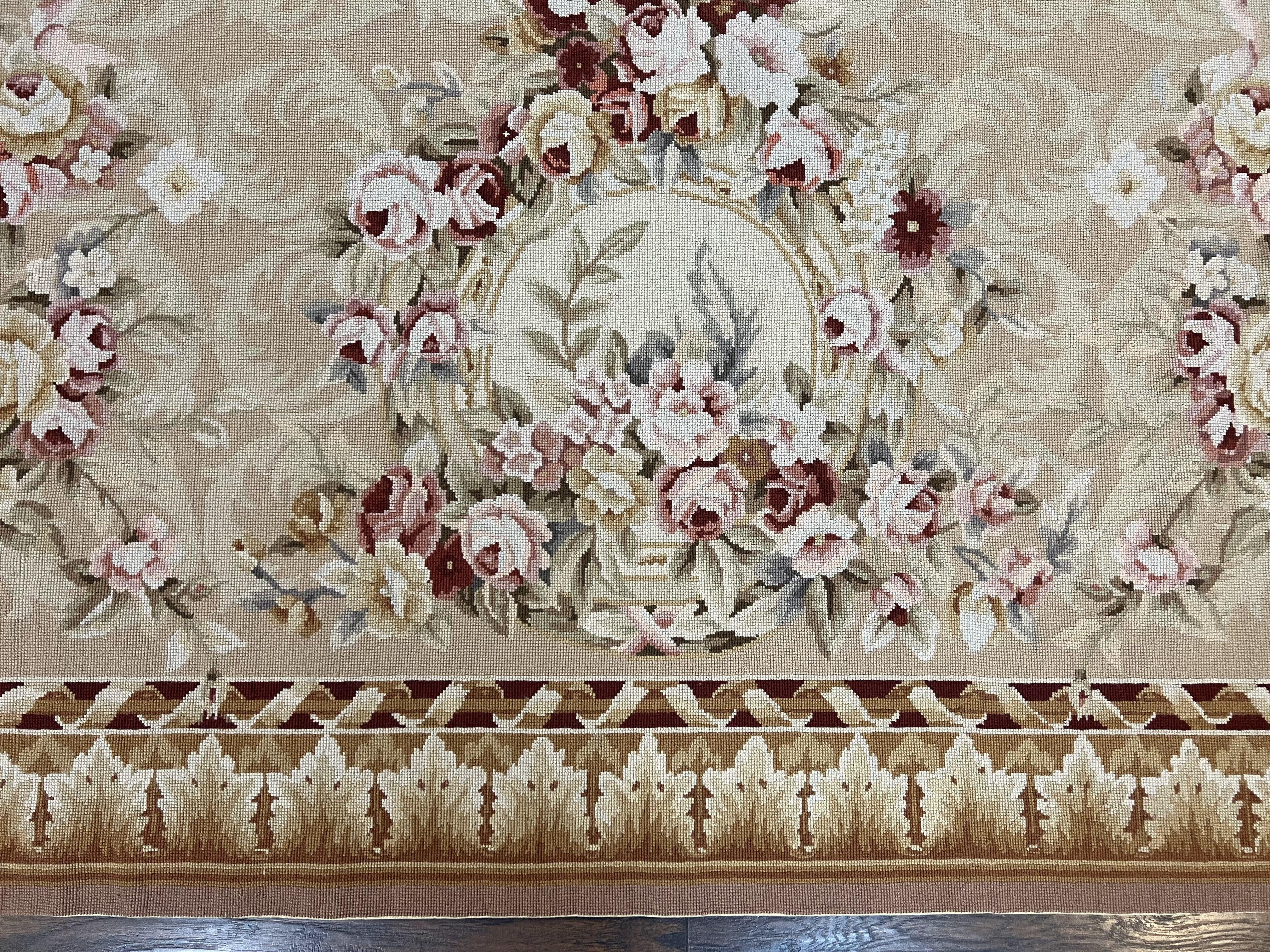 Aubusson Rug 9x12, Elegant Savonnerie Carpet 9 x 12 ft, Beige Ivory Tan, Floral, Flatweave Wool Handmade Area Rug 9 x 12 ft, European French - Image 5