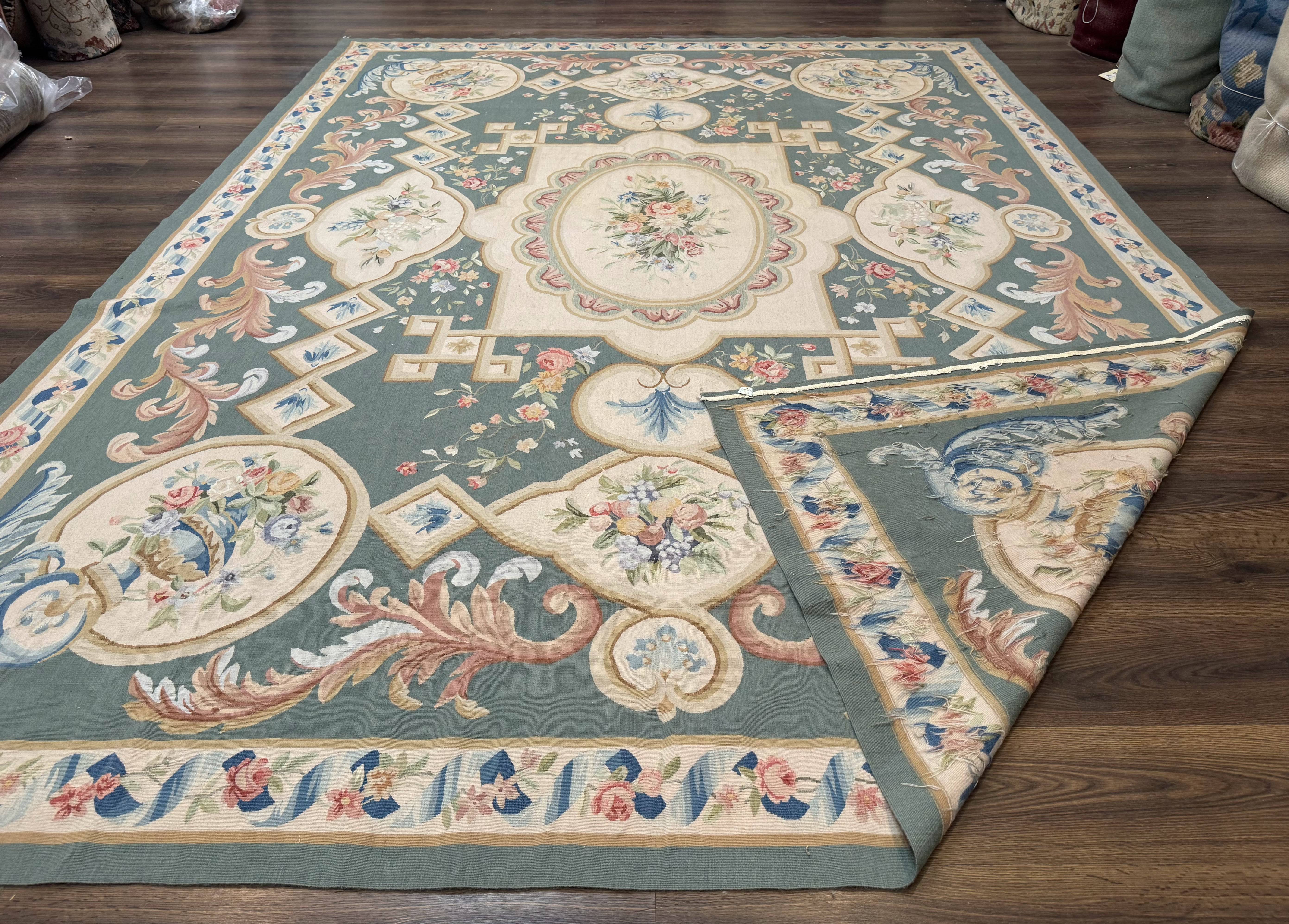 Aubusson Rug 9x12, Muted Sage Green and Cream, European Design - Image 11
