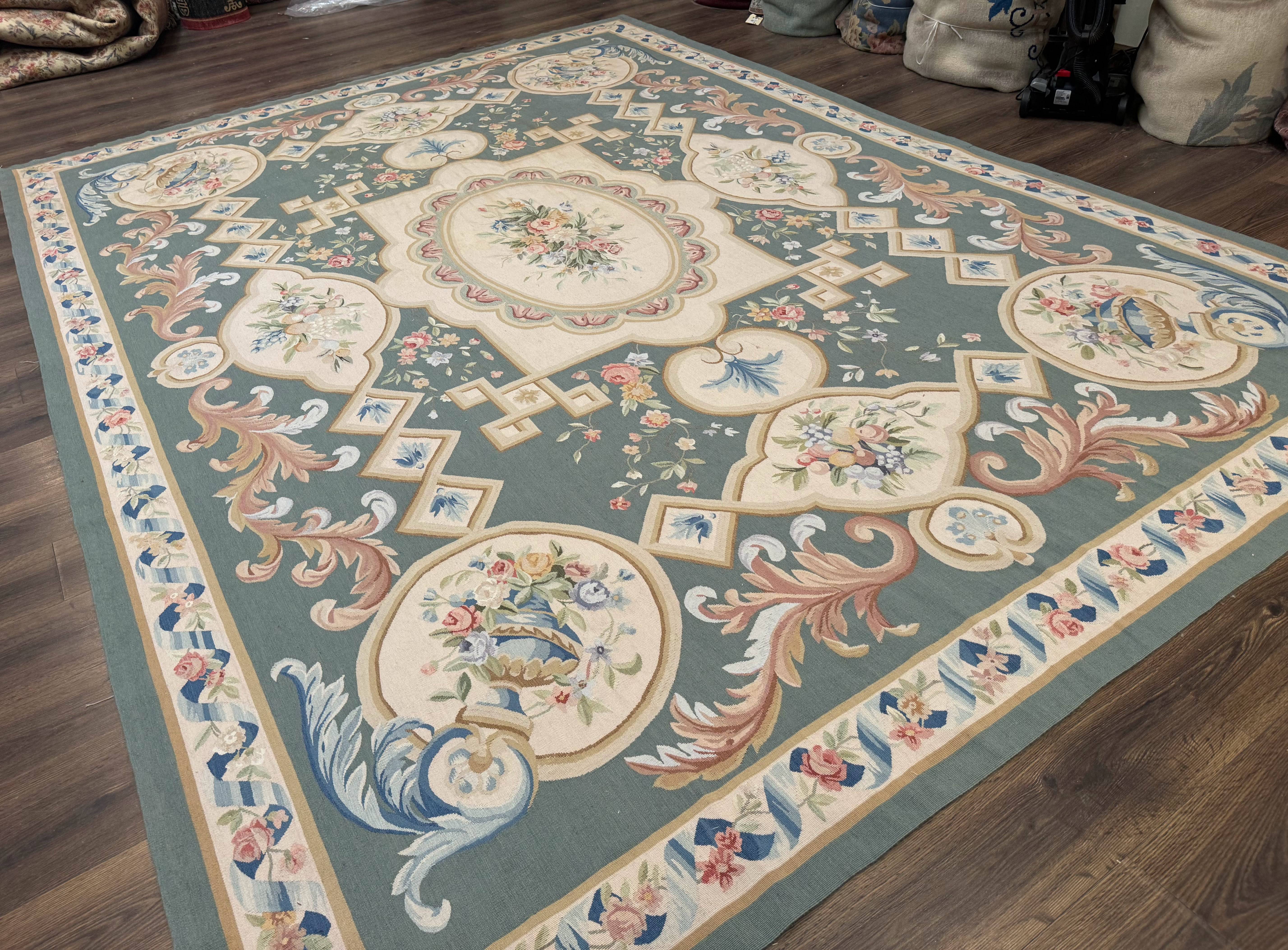 Aubusson Rug 9x12, Muted Sage Green and Cream, European Design - Image 12