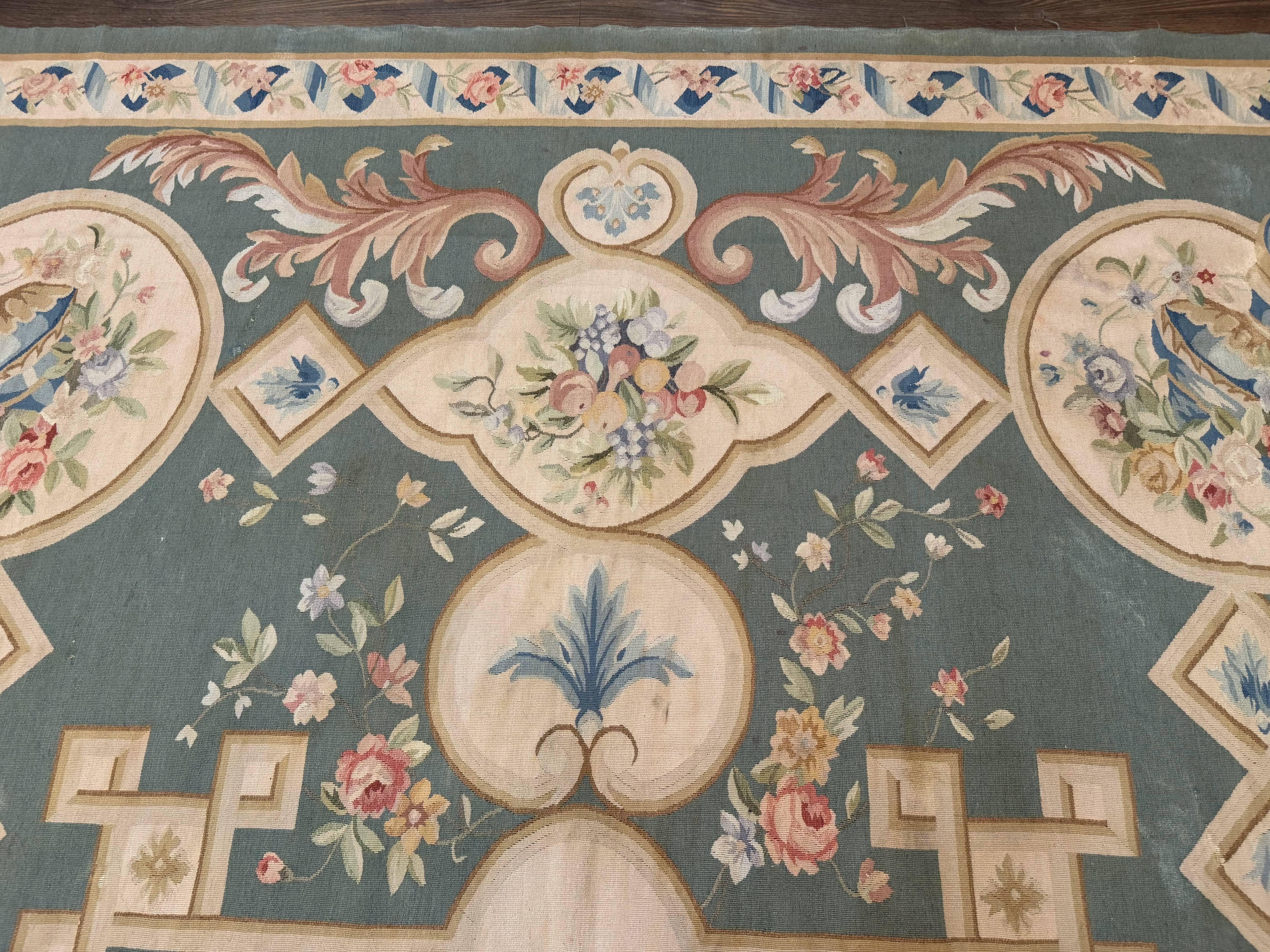 Aubusson Rug 9x12, Muted Sage Green and Cream, European Design - Image 3