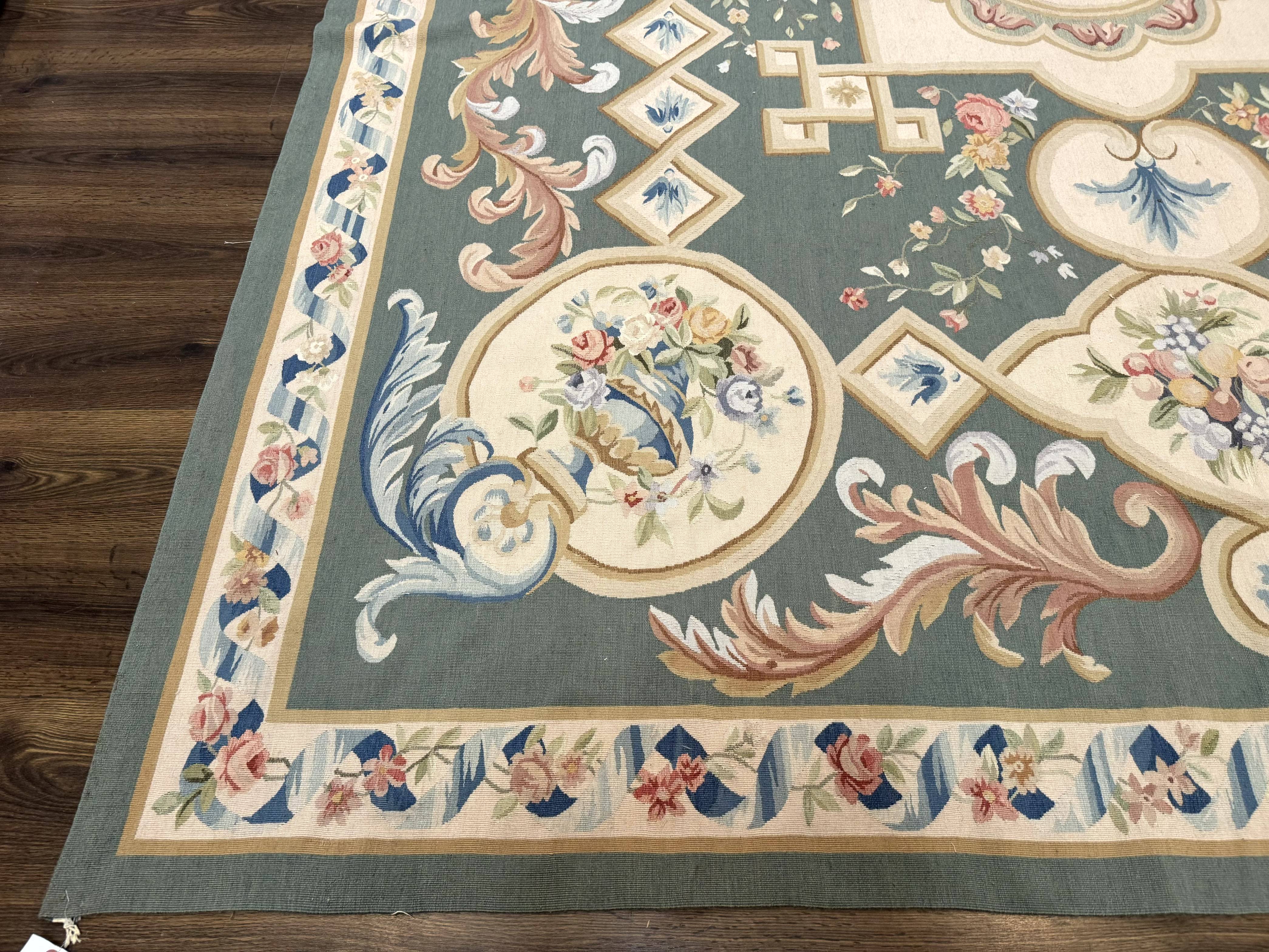 Aubusson Rug 9x12, Muted Sage Green and Cream, European Design - Image 8
