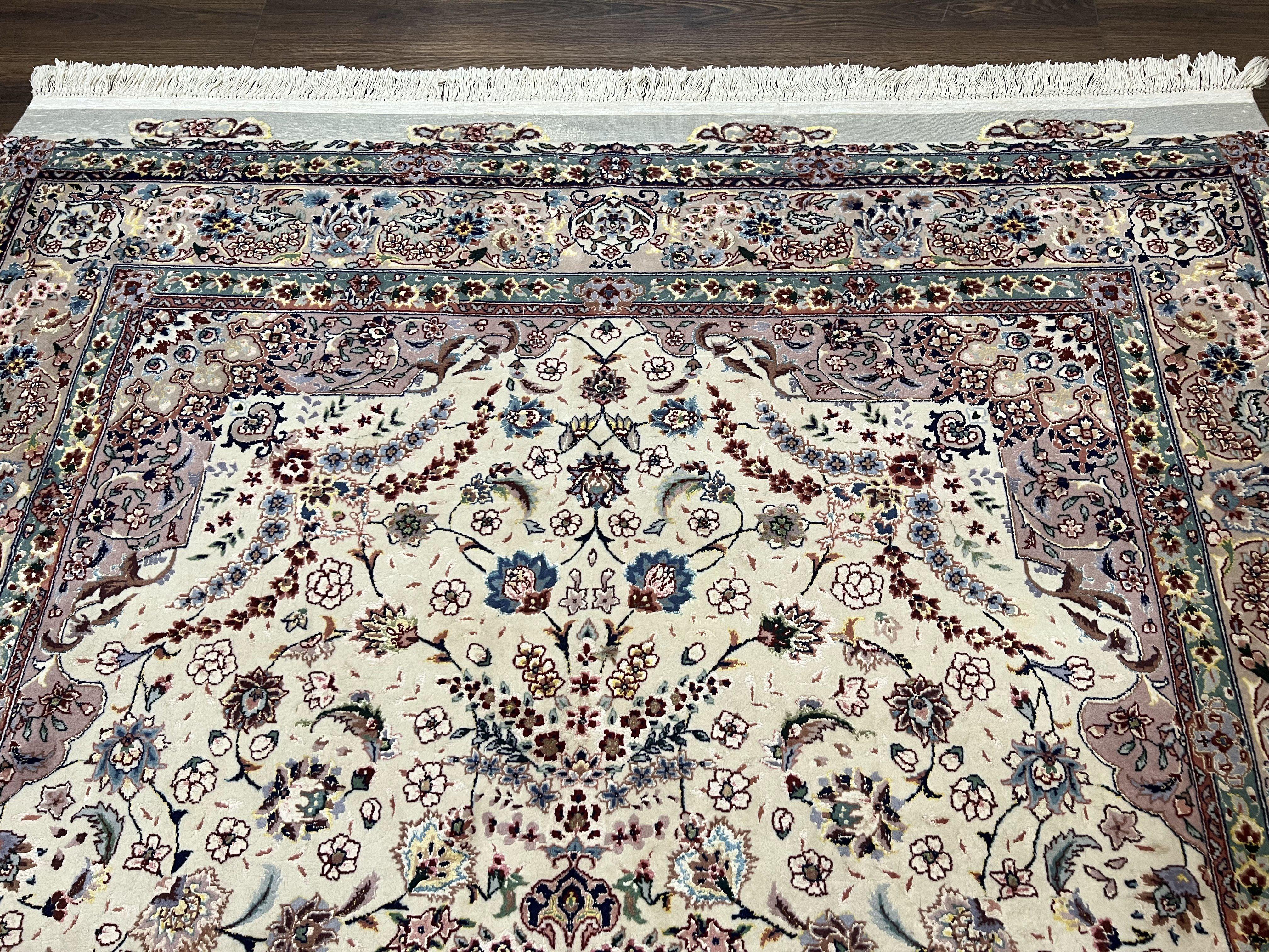 Beautiful Pak Persian Rug 6x9, Floral Medallion, Wool and Silk, Highly Detailed Elegant Carpet, Vintage Oriental Rug 6 x 9, Cream and Gray - Image 11